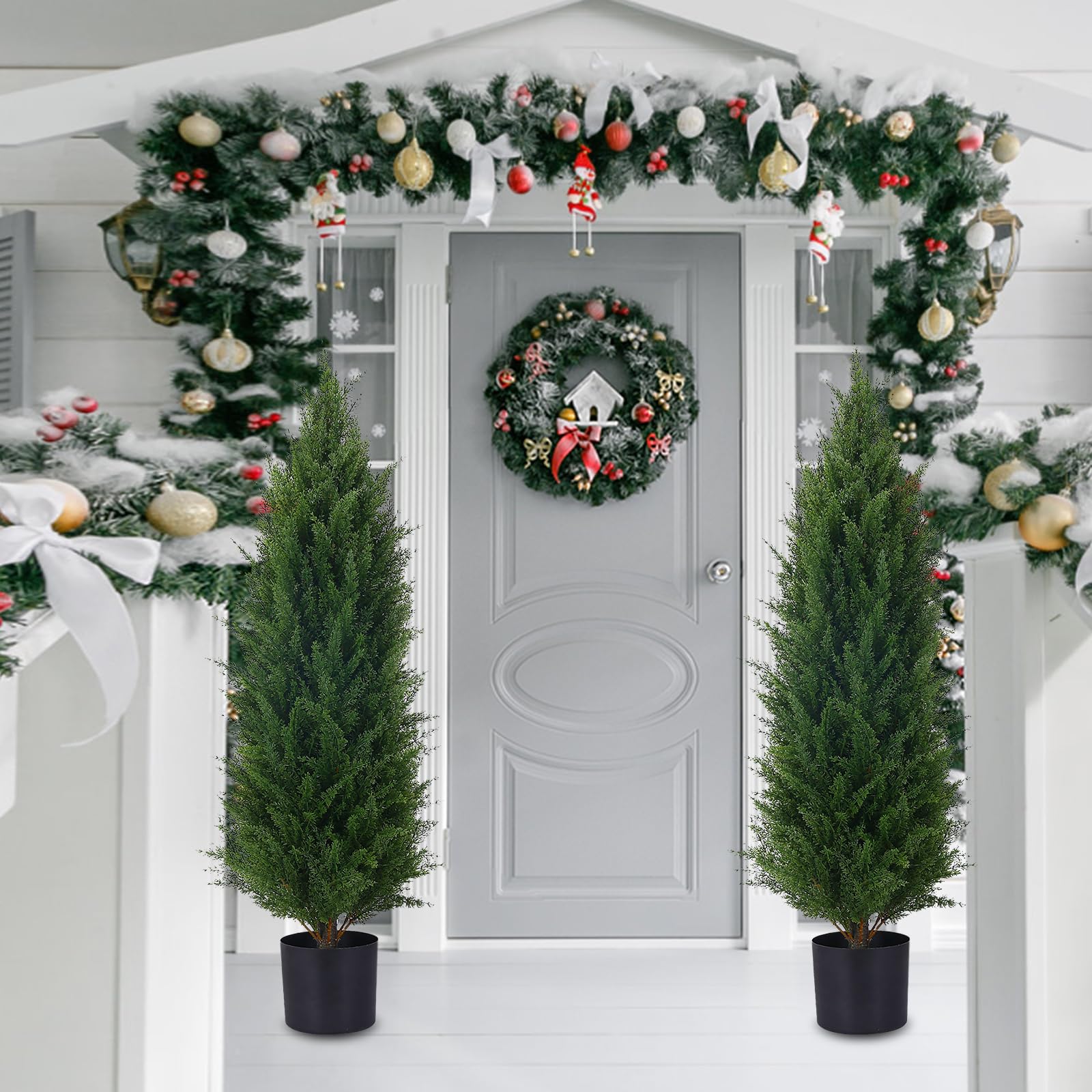 3.5ft Artificial Cedar Topiary Tree Potted Plants - UV Resistant Faux Greenery for Indoor & Outdoor Decor - 2 Pack Set - Perfect for Home, Office, Garden, and Patio Decoration
