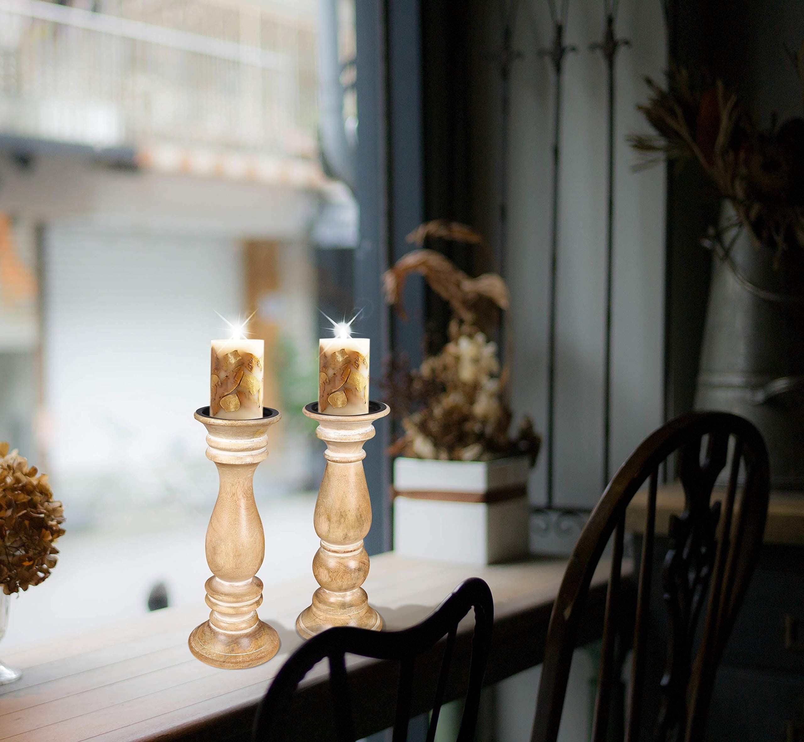 Rustic Whitewashed Wooden Pillar Candle Holder Set of 2 - 12x4.5 Inch Farmhouse Decor for Dining Table, Wedding Centerpiece, and Cozy Home Ambiance