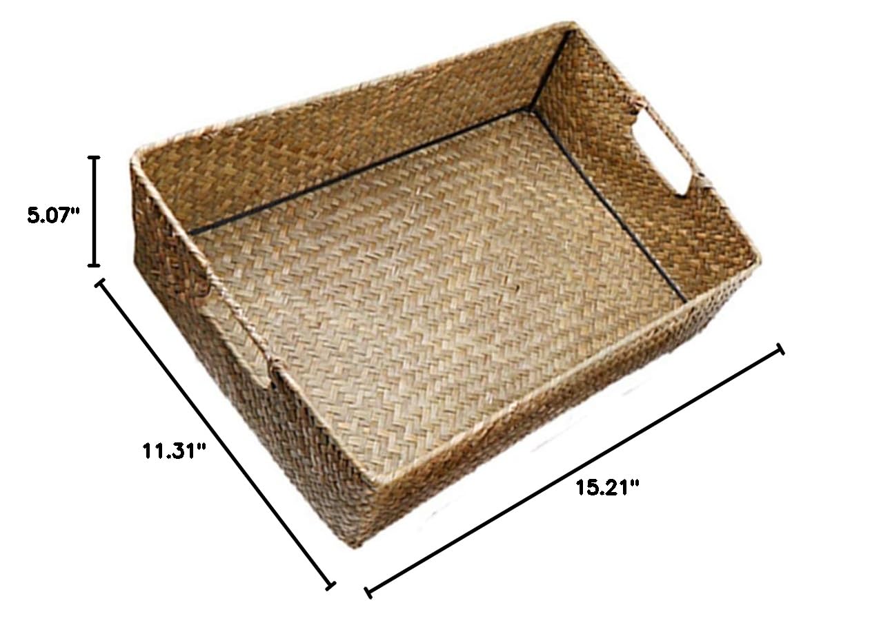 Amosfun Woven Seagrass Storage Basket with Lid - Large & Small Rectangular Organizer for Home, Bathroom, or Office - Handmade Retro Wicker Bin for Sundries, Toys, and Household Items
