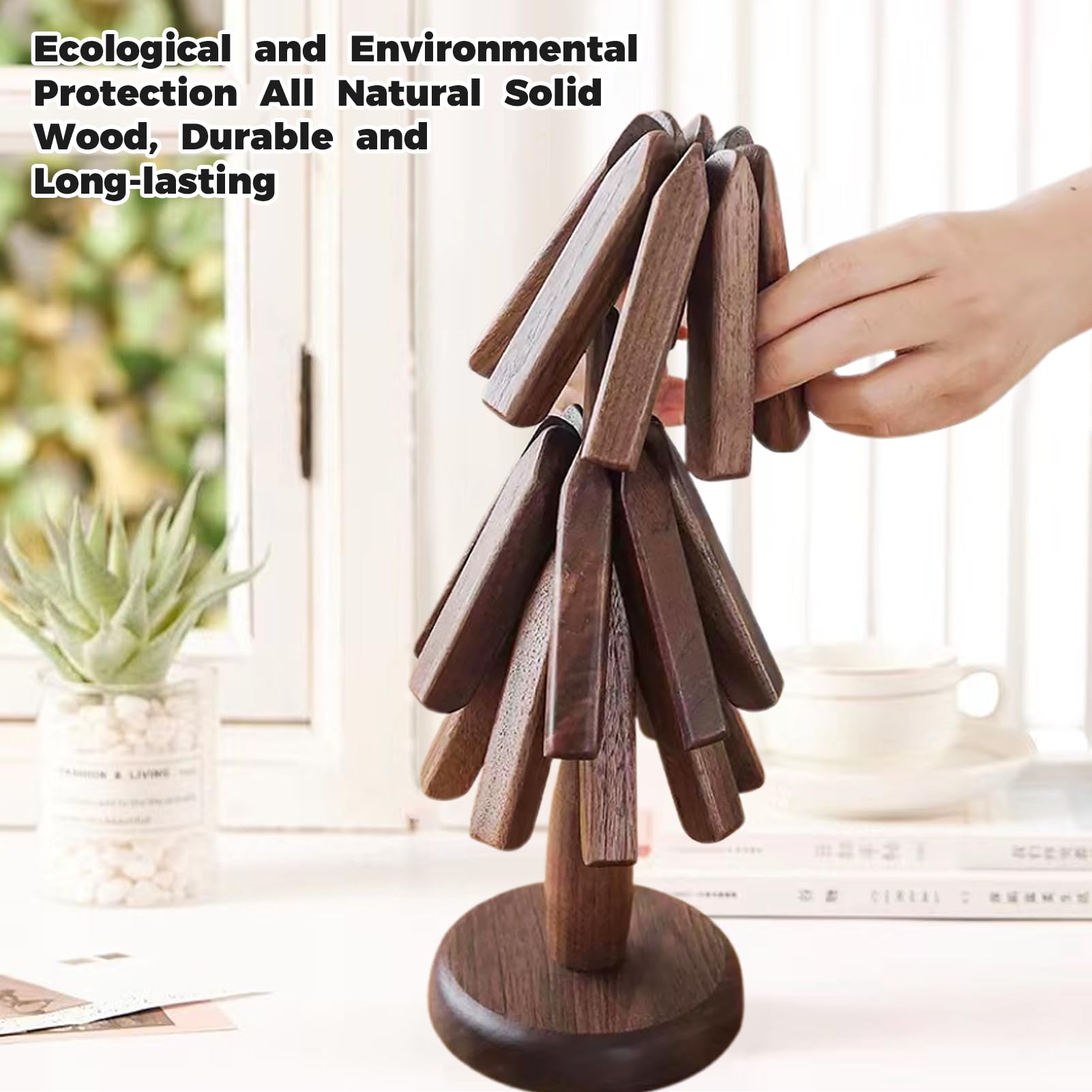 Wooden Tree Coasters & Trivets Set - 4pcs for Hot Pots & Pans (Walnut) - Perfect for Dining & Kitchen Protection