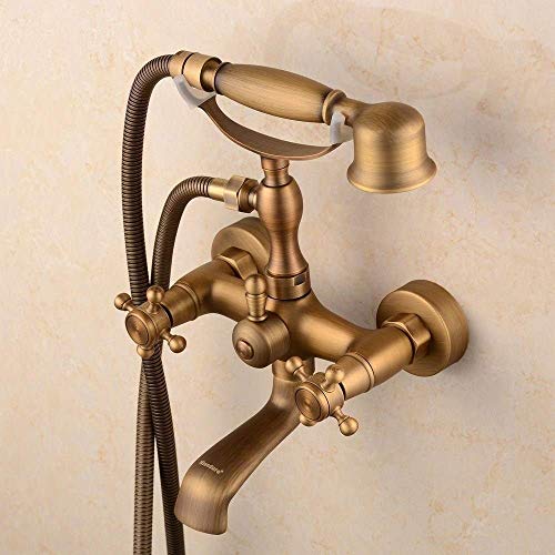 Antique Brass Double Handle Bathtub Faucet with Shower Mixer and Hand Shower Head - Vintage Style Bathroom Fixture for Hotel & Home Use - Perfect for Luxury Bathrooms and Spa Retreats