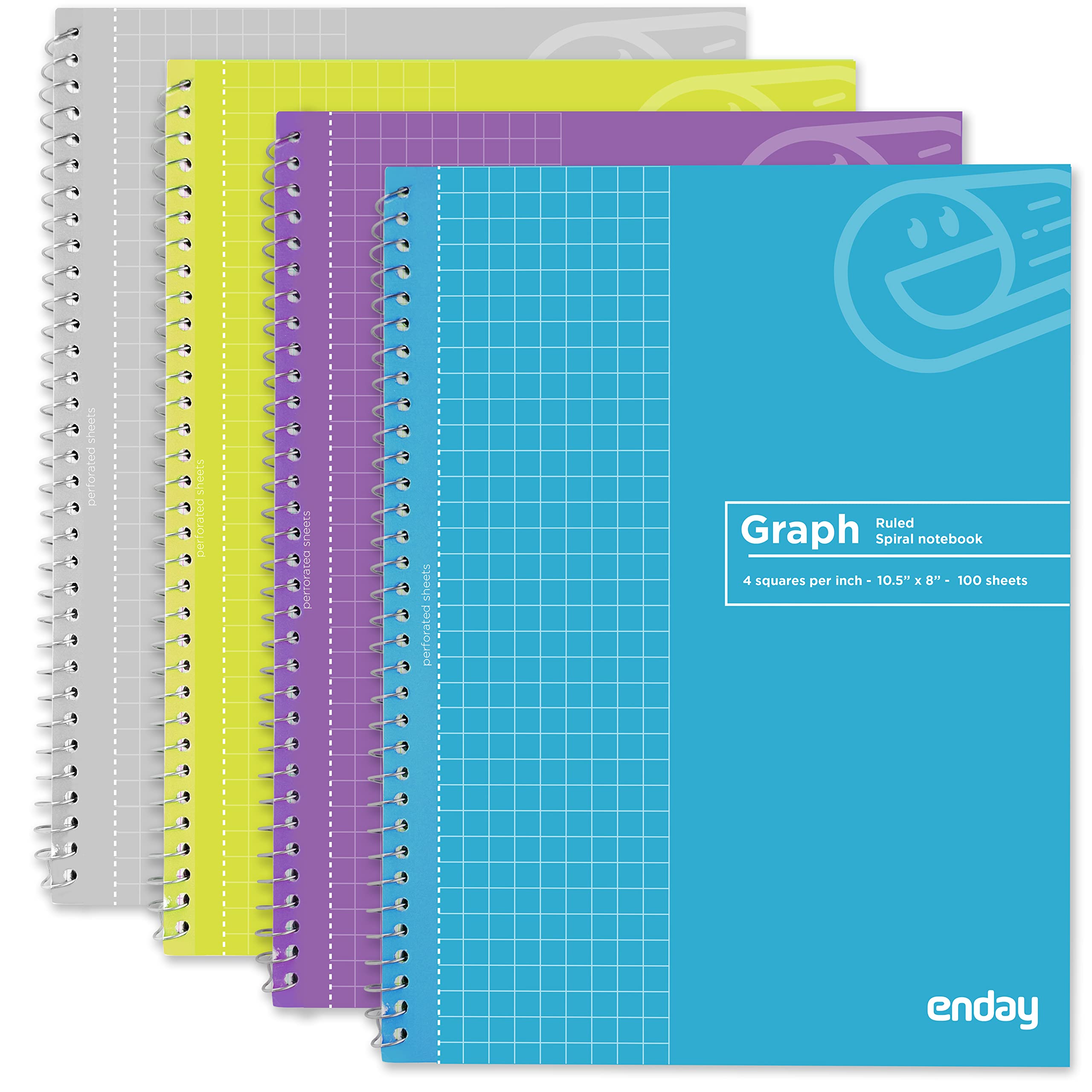 Enday Graph Paper Notebook 4-Pack - 100 Sheets, 4x4 Grid (4 Squares per Inch), Spiral Bound, Quad Ruled, Assorted Colors - Perfect for Math, Engineering, Sketching & Bullet Journaling