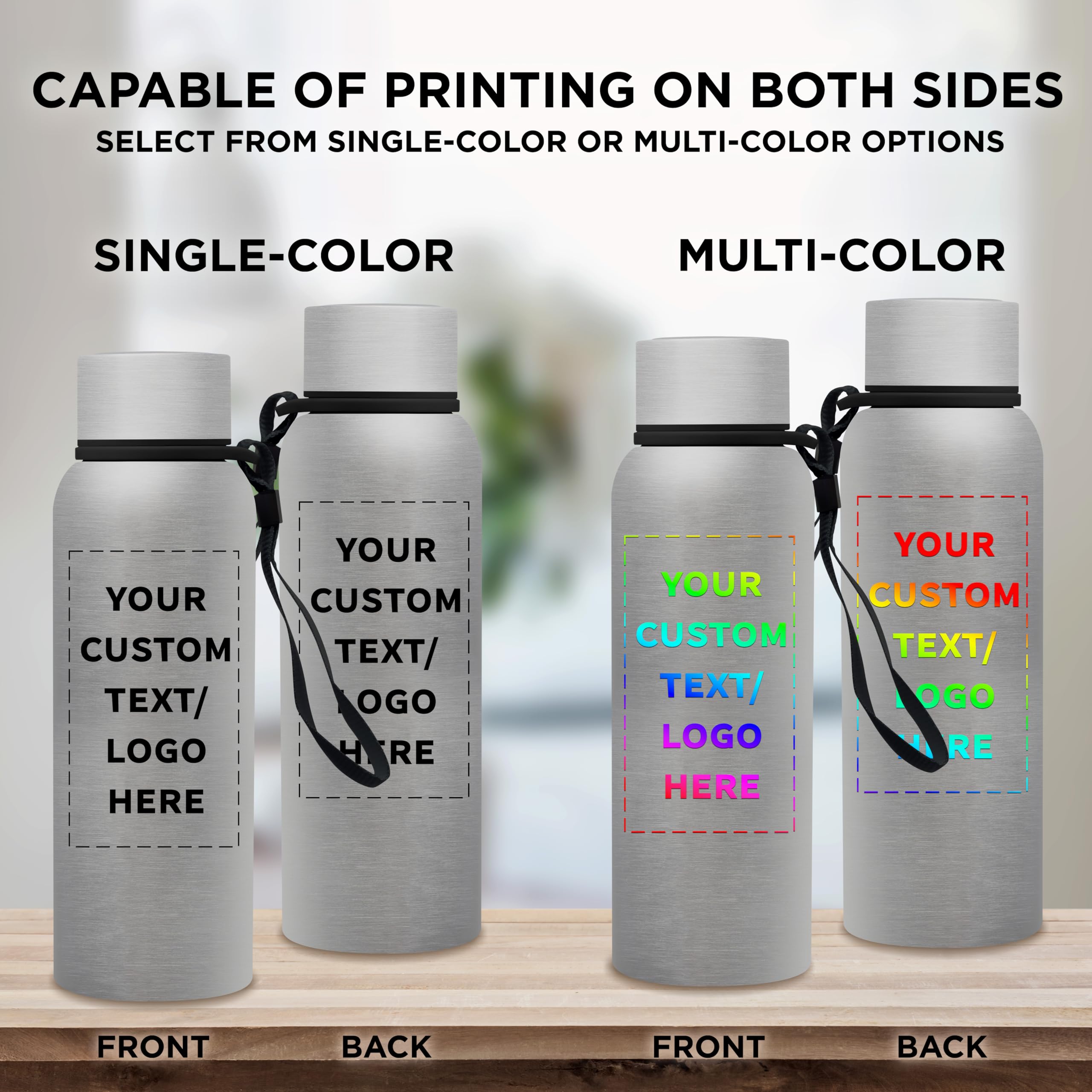 Custom Personalized 17 oz Ransom Water Bottles with Strap - Bulk Pack of 24 - Ideal for Corporate Events, Team Giveaways & Business Promotions - Silver Stainless Steel Bottles for Gym, Office & Outdoor Activities