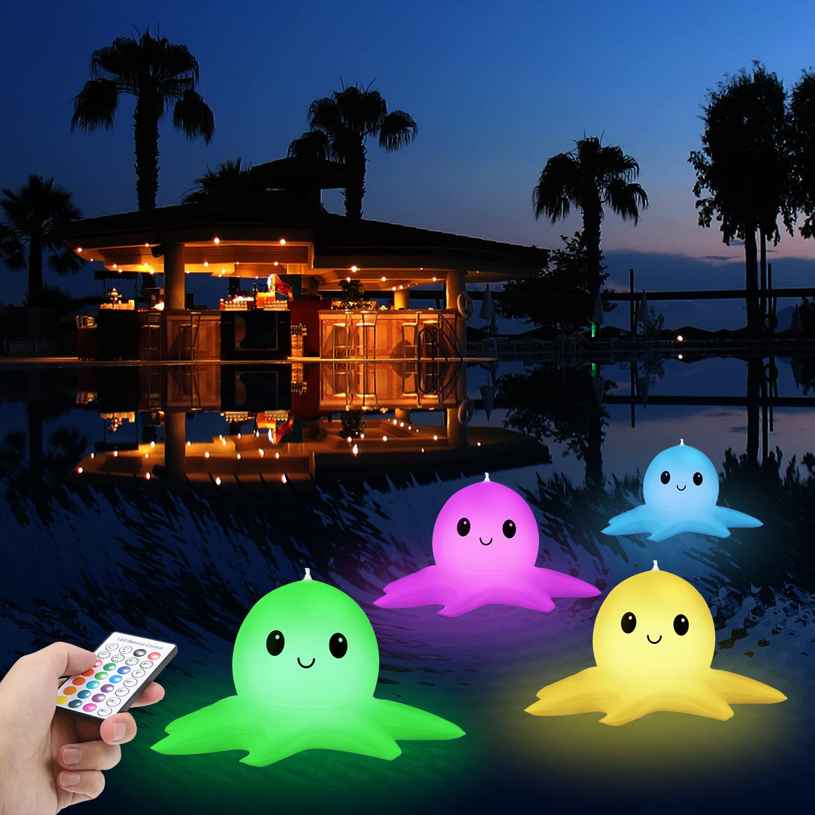 2 Pack Solar Floating Pool Lights with Remote - Dimmable & Timer Octopus Inflatable Lights for Above Ground Pools, Perfect for Night Swimming, Garden Parties, and Christmas Decorations