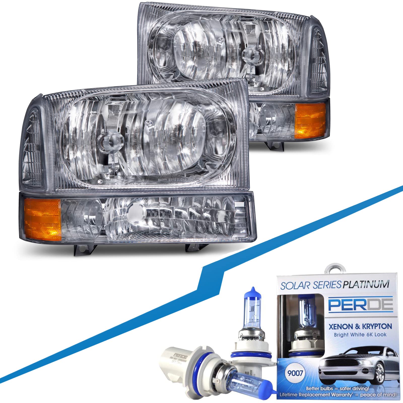 HEADLIGHTSDEPOT Halogen Headlight Assembly - Compatible with Ford Excursion F-250 F-350 F-450 F-550 Super Duty (Driver & Passenger Side) - Includes Amber Reflector & Parking Signal Lights - Perfect for Night Driving & Off-Road Adventures