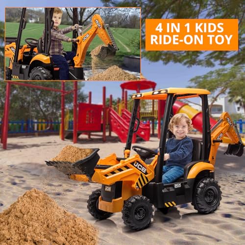 GARVEE 4-in-1 Kids Ride-On Tractor Toy with Excavator, Bulldozer & Front Loader - 12V Battery Powered, Parent Remote Control, Removable Play Tent, Horn & EVA Wheels - Yellow Outdoor Play Vehicle for Toddlers Ages 2-5 Years