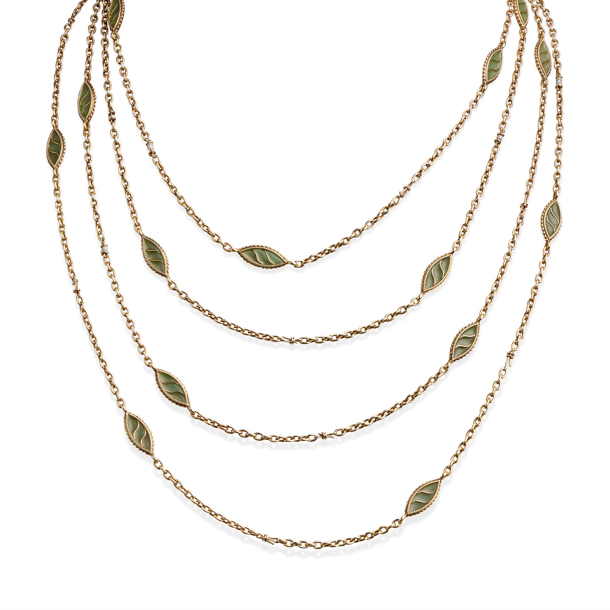 Exquisite French Art Nouveau 18K Gold Plique-à-Jour Enamel Long Chain Necklace - Vintage Jewelry for Women, Bridal Gift & Special Occasions