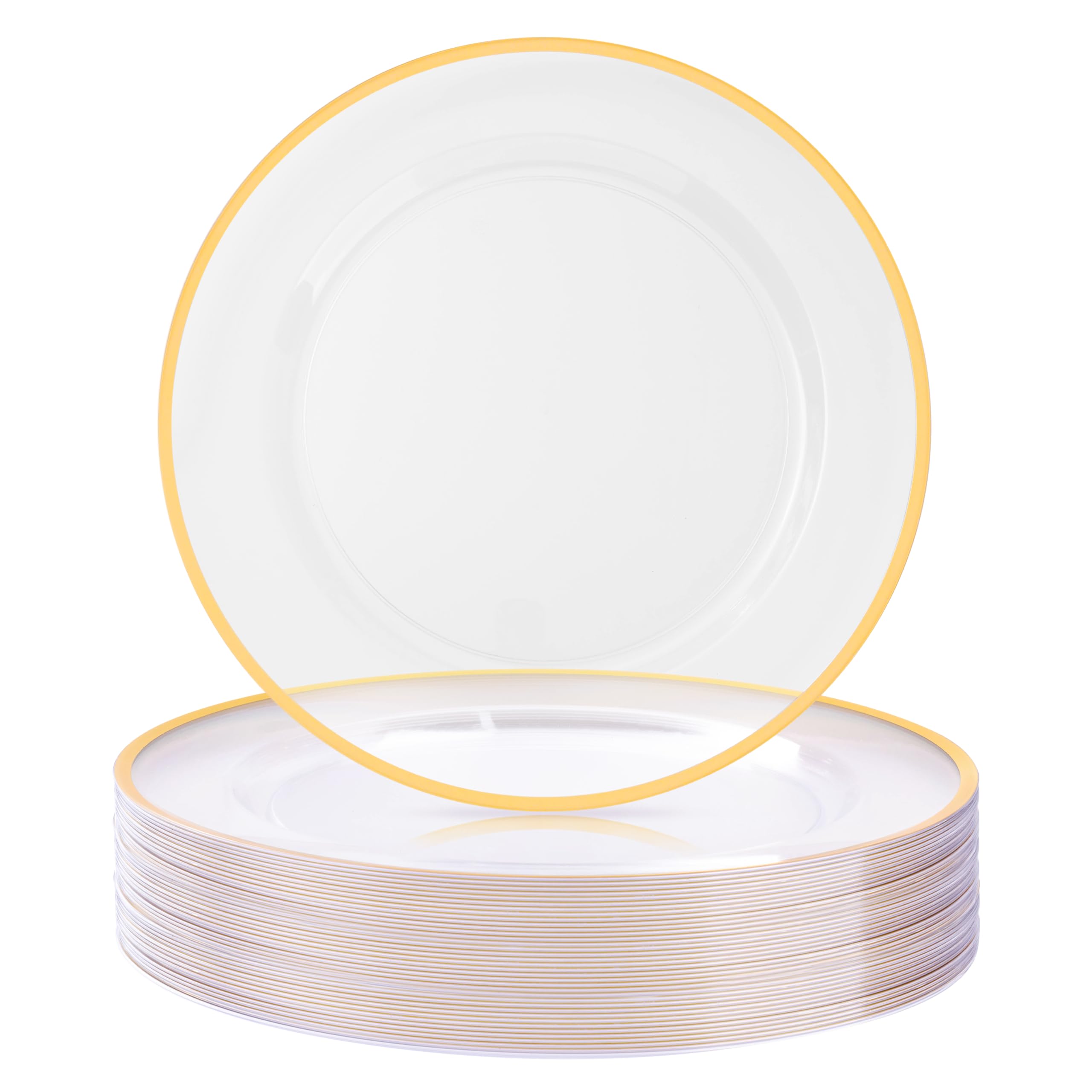 12 Inch Disposable Charger Plates - 50 Pack Clear Plastic Dinner Plates with Elegant Gold Rim - Perfect for Weddings, Parties, Banquets & Formal Dining - Elegant Table Decor for Special Occasions