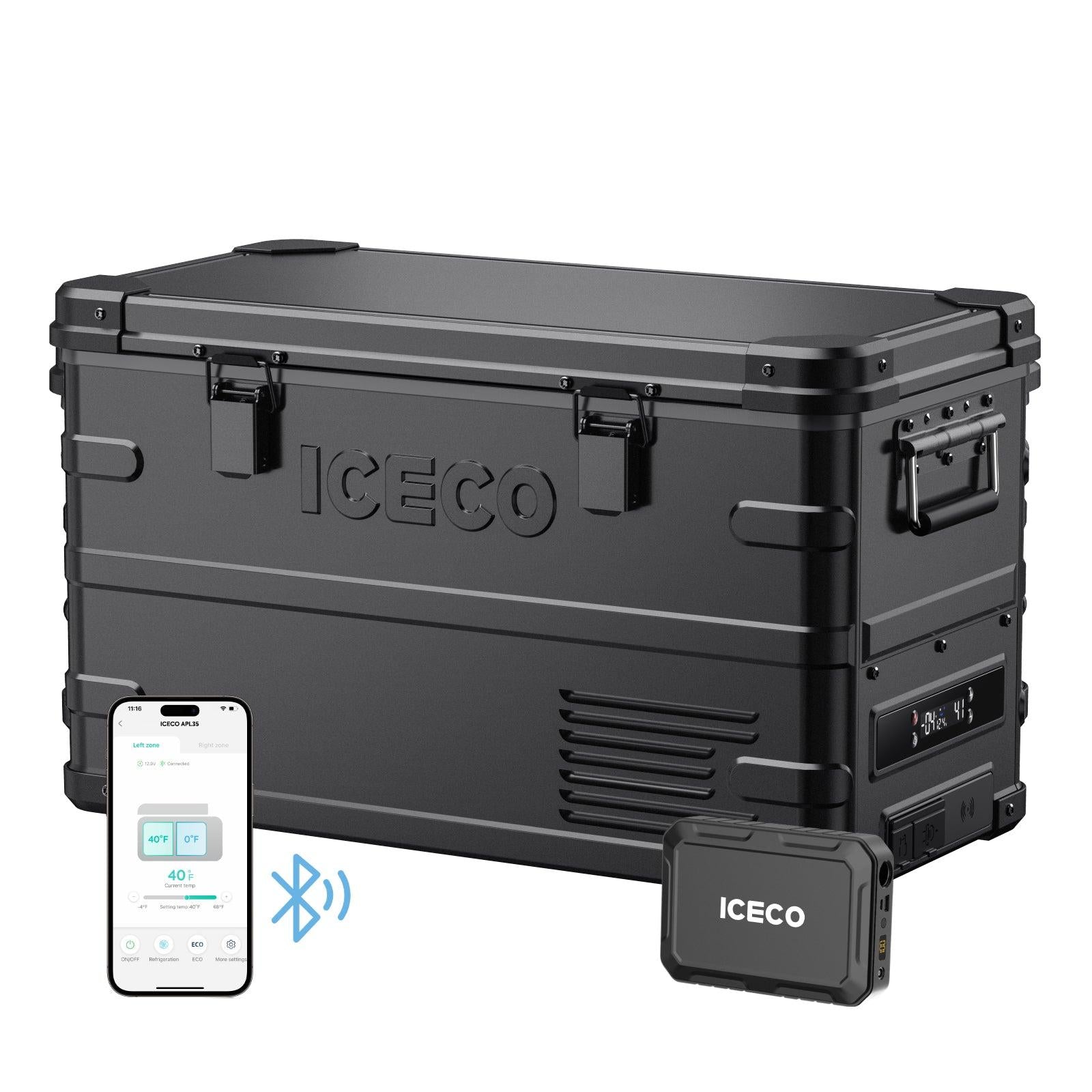 ICECO 37QT APL35 Black Aluminum Portable Freezer with Magnetic Power Bank - Perfect for Camping, Road Trips, and Outdoor Adventures