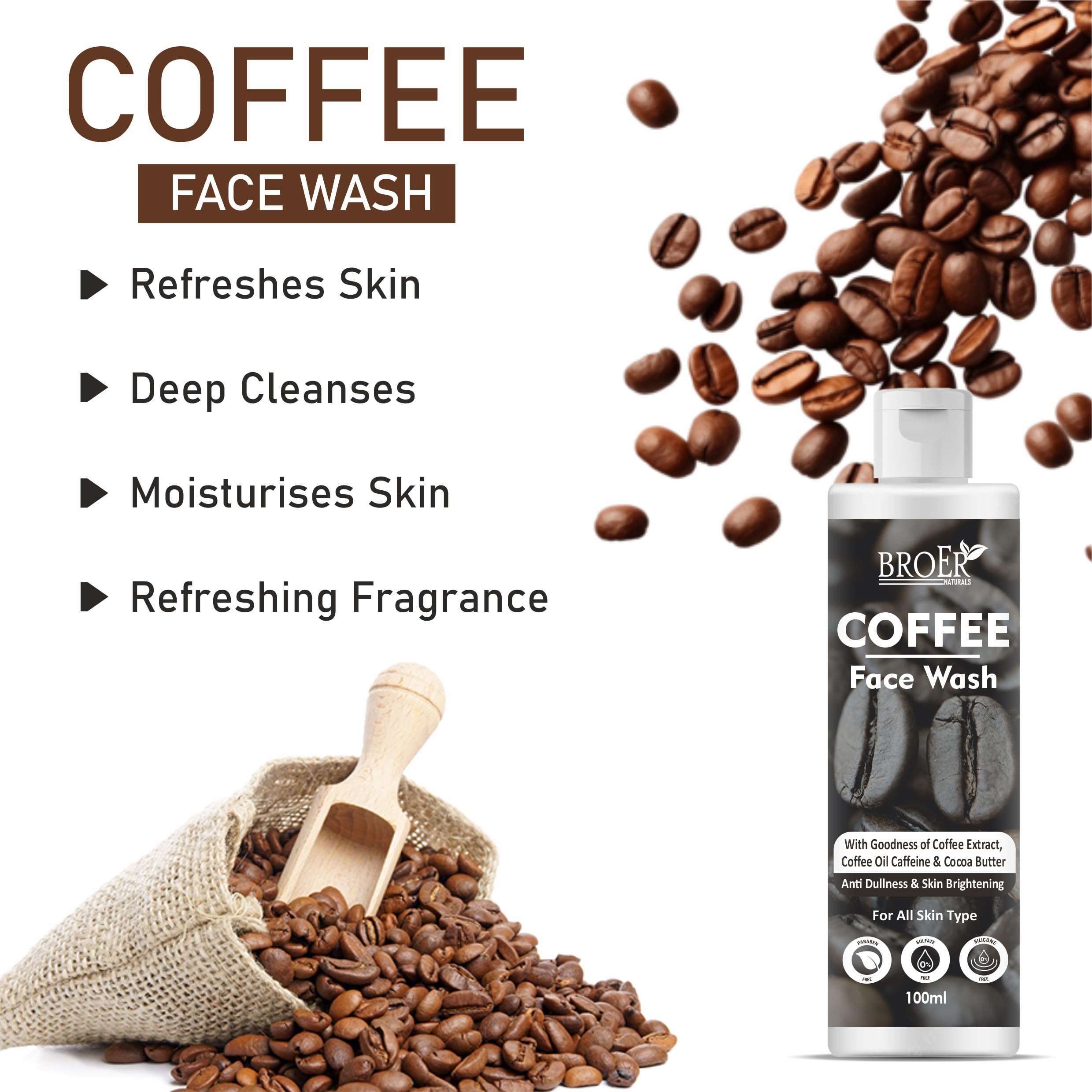 BROER Coffee Face Wash & Scrub Combo Pack (100ml Each) - Caffeine, Coffee & Cocoa Butter for Pollution Protection & Tan Removal | Sulfate & Paraben Free | Pack of 2 | Perfect for Morning Skincare Routine & Travel Essentials