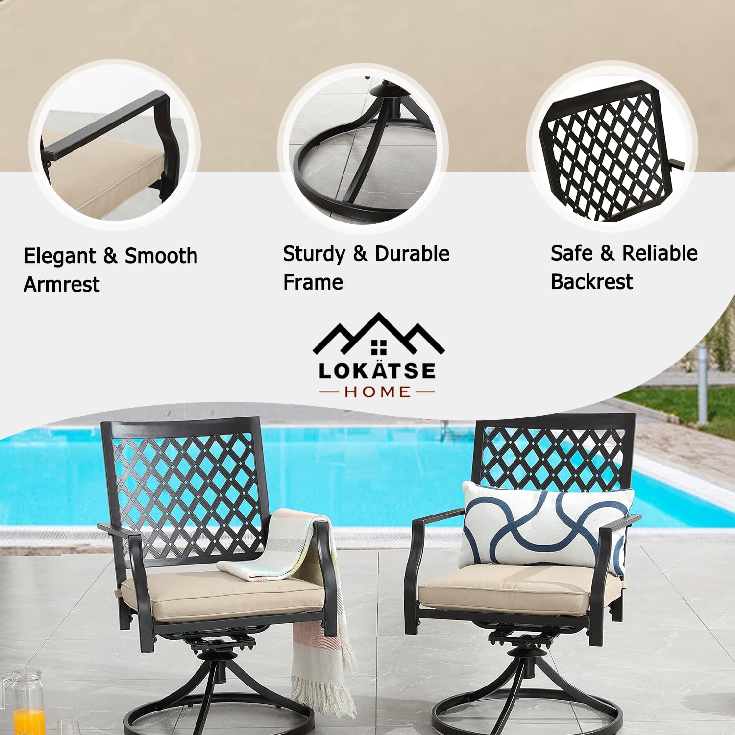 LOKATSE HOME Outdoor Patio Dining Swivel Rocking Chairs Set of 2 - Beige Metal Garden Furniture for Backyard, Deck, Poolside & Relaxation