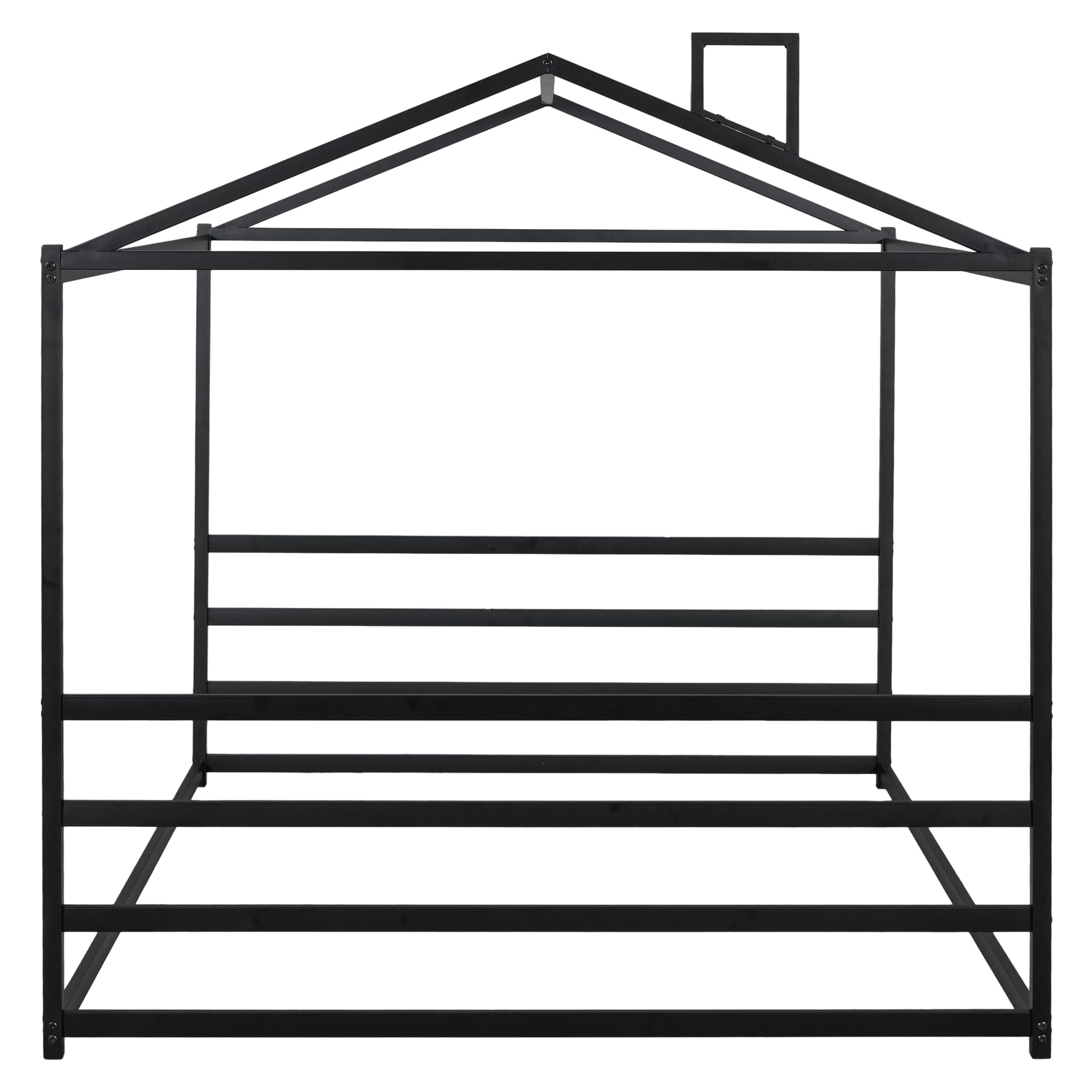 Montessori Metal Queen Size Floor Bed with Roof - Sturdy House Bed Frame for Kids, Boys & Girls - Black | Perfect for Montessori Bedrooms, Playrooms & Cozy Sleep Spaces