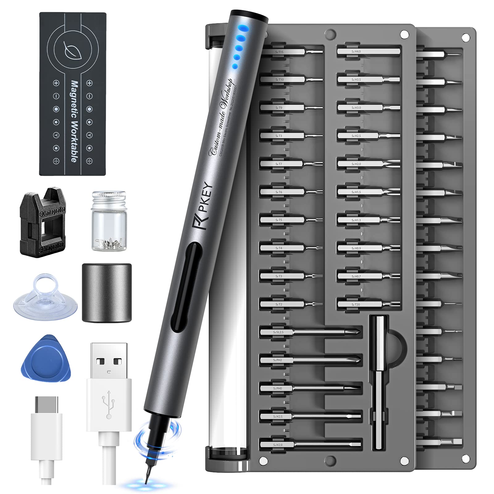 PKEY Cordless Electric Screwdriver Set - Mini Rechargeable Screwdriver with 55 Magnetic Precision Bits, Magnetic Worktable & LED Light, Type-C Charging for PC Building, Drone Repair, Electronics Assembly, DIY Projects, Home Improvement and Small Appliance Maintenance