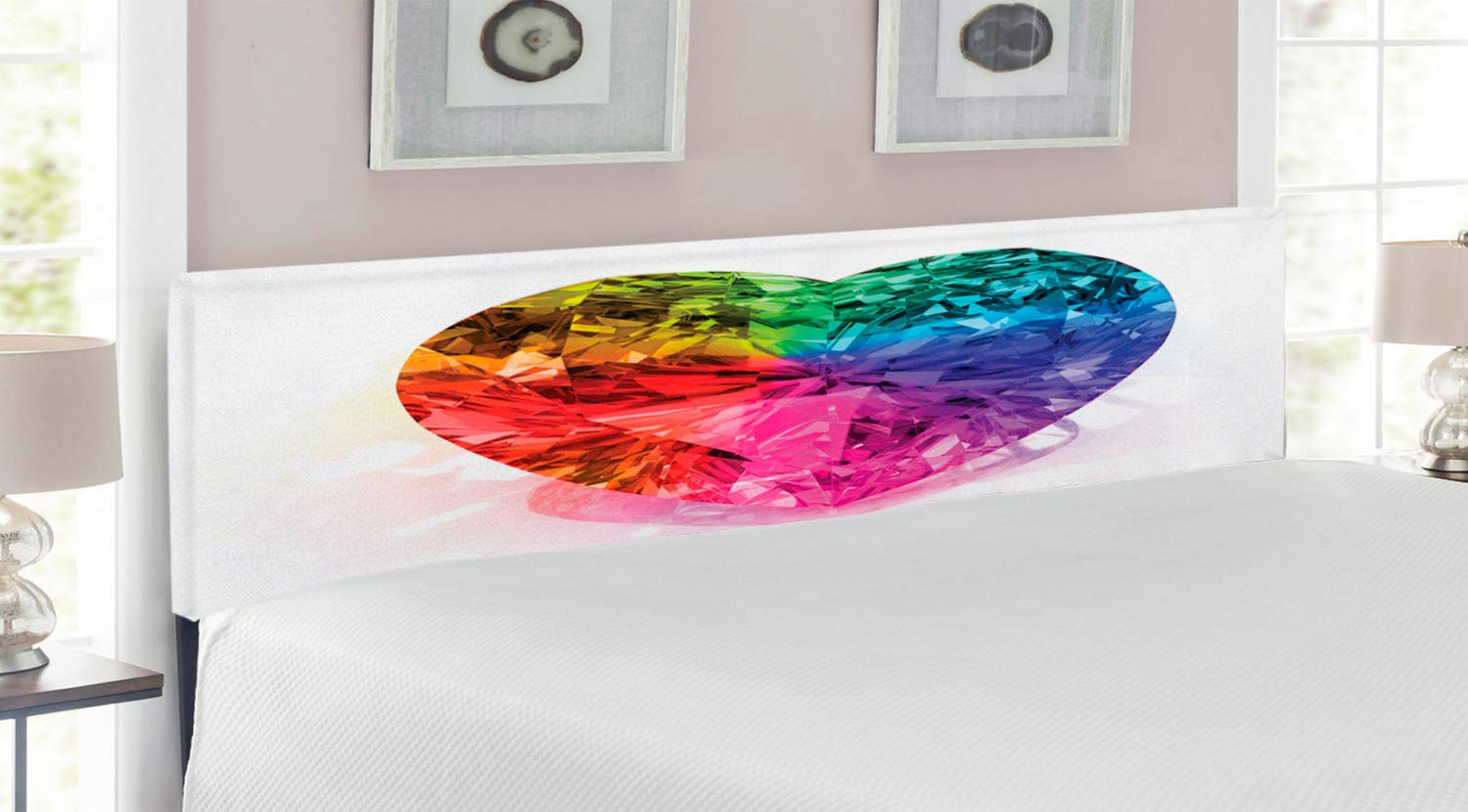 Ambesonne Diamond Headboard - Heart Shape Colorful Love Design, Upholstered Metal Bed Frame with Memory Foam - King Size Multicolor for Romantic Bedroom Decor | Perfect for Couples, Master Bedrooms & Wedding Gifts