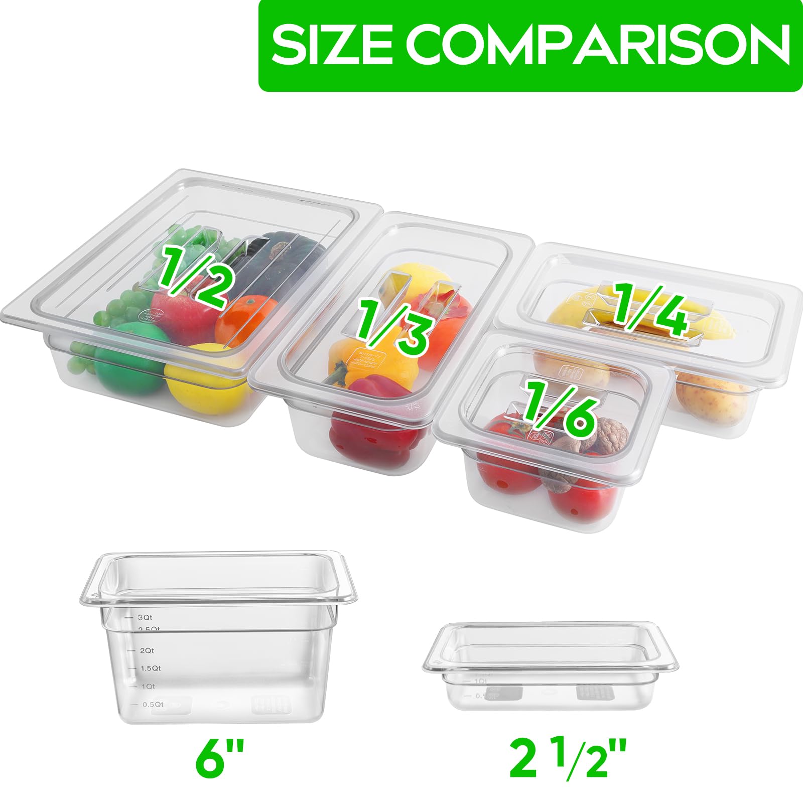 6 Pack 1/4 Size 4'' Deep Clear Food Storage Containers with Lids - Commercial Grade Acrylic Transparent Food Pans, Stackable Plastic Containers with Capacity Scale - Perfect for Restaurants, Catering, Buffets & Food Prep