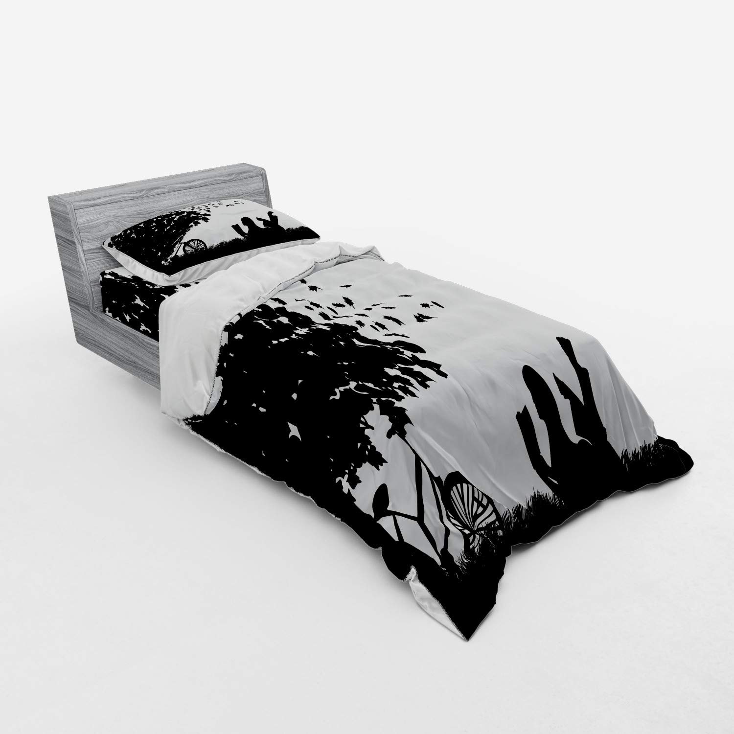 Ambesonne Black and White 3-Piece Twin XL Bedding Set - Fall Tree Silhouette with Girl Reading Book on Bike | Duvet Cover, Sham & Fitted Sheet | Cozy Autumn Bedroom Decor for Teens & Adults