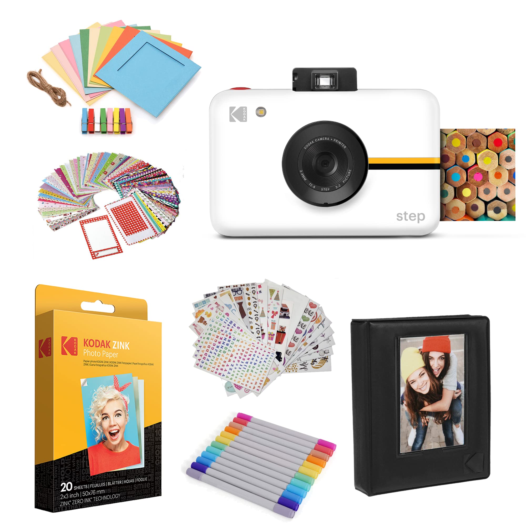 Kodak Step Instant Camera - 10MP Image Sensor, Zink Zero Ink Technology (White) Bundle with Photo Album, Case, 20 Zink Papers, Markers & Stickers - Perfect for Travel, Parties & DIY Scrapbooking