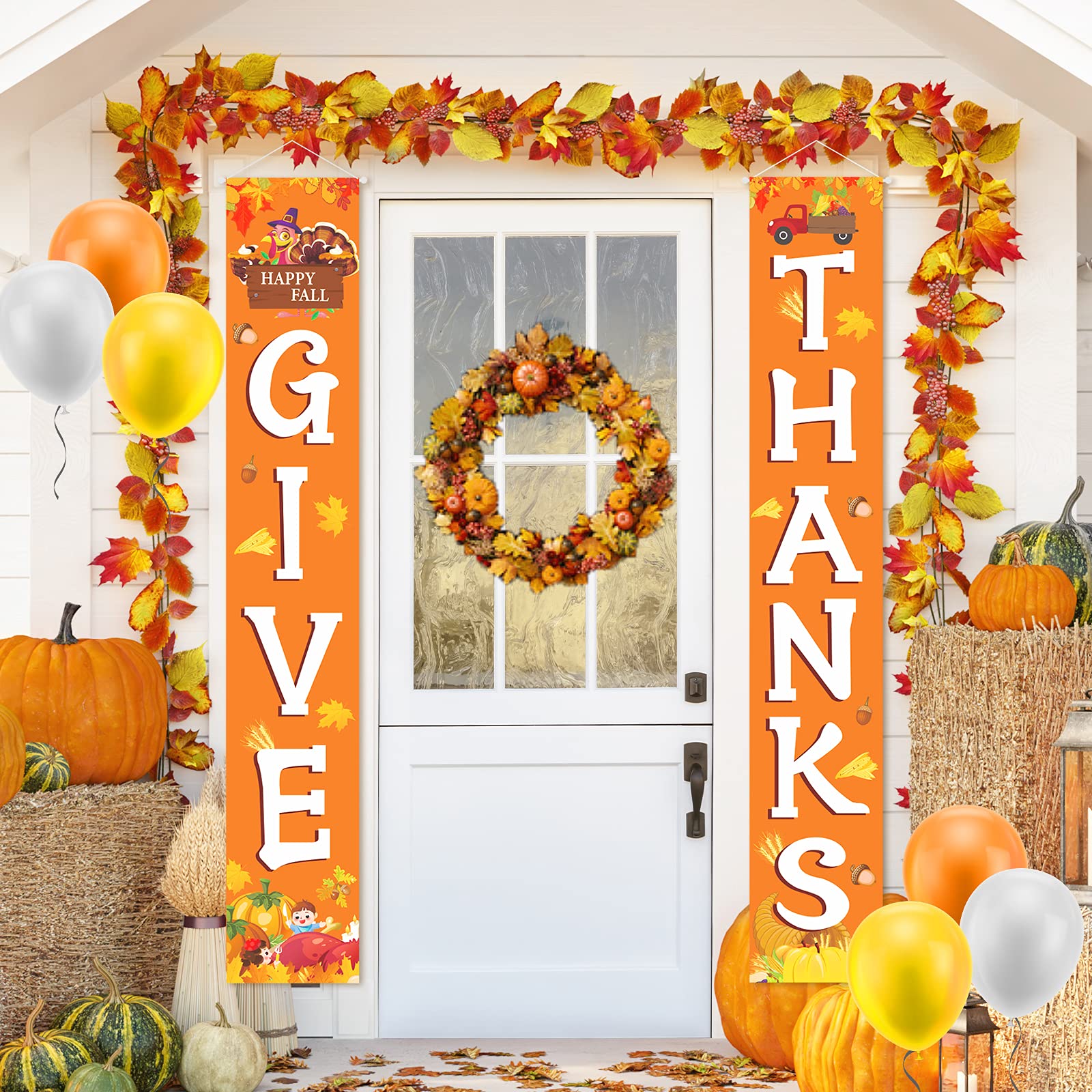 Thanksgiving Decorations for Home - GIVE THANK Hanging Banner, Fall Porch Sign, Harvest Party Wall & Door Decor for Indoor/Outdoor Use - Perfect for Thanksgiving Celebrations, Autumn Harvest Parties & Seasonal Home Decorating