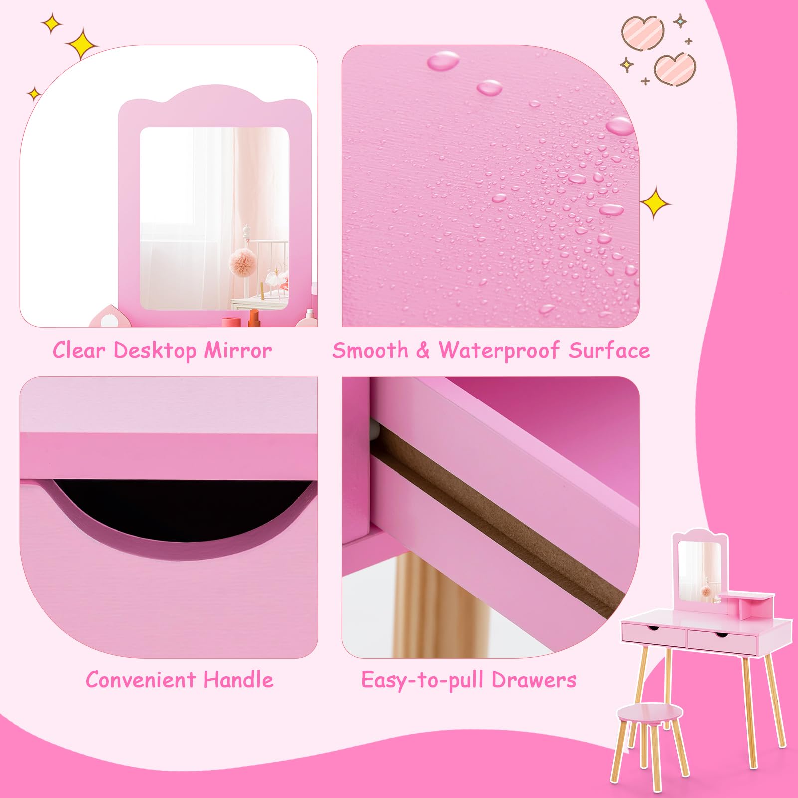 Olakids 2-in-1 Wooden Princess Vanity Set with Mirror & Storage - Kids Makeup Table & Chair, Toddler Dressing Desk Toy for Girls - Perfect for Pretend Play, Birthday Gifts & Bedroom Decor (Pink)