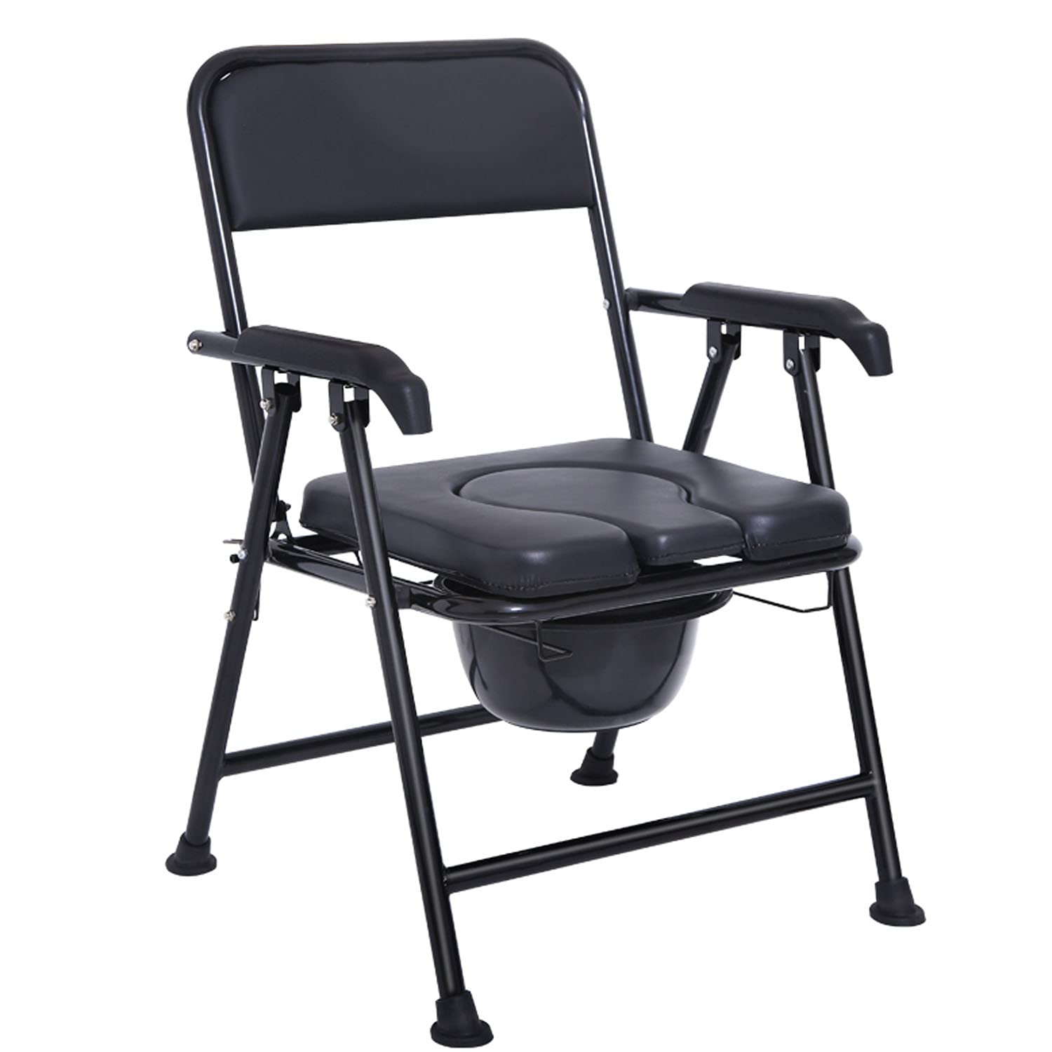 Foldable Commode Chair for Adults - Portable Bedside Toilet with Bucket & Non-Slip Feet, Comfortable PU Leather Cushion, 300kg/661lb Weight Capacity - Ideal for Elderly Care, Post-Surgery Recovery & Bathroom Safety