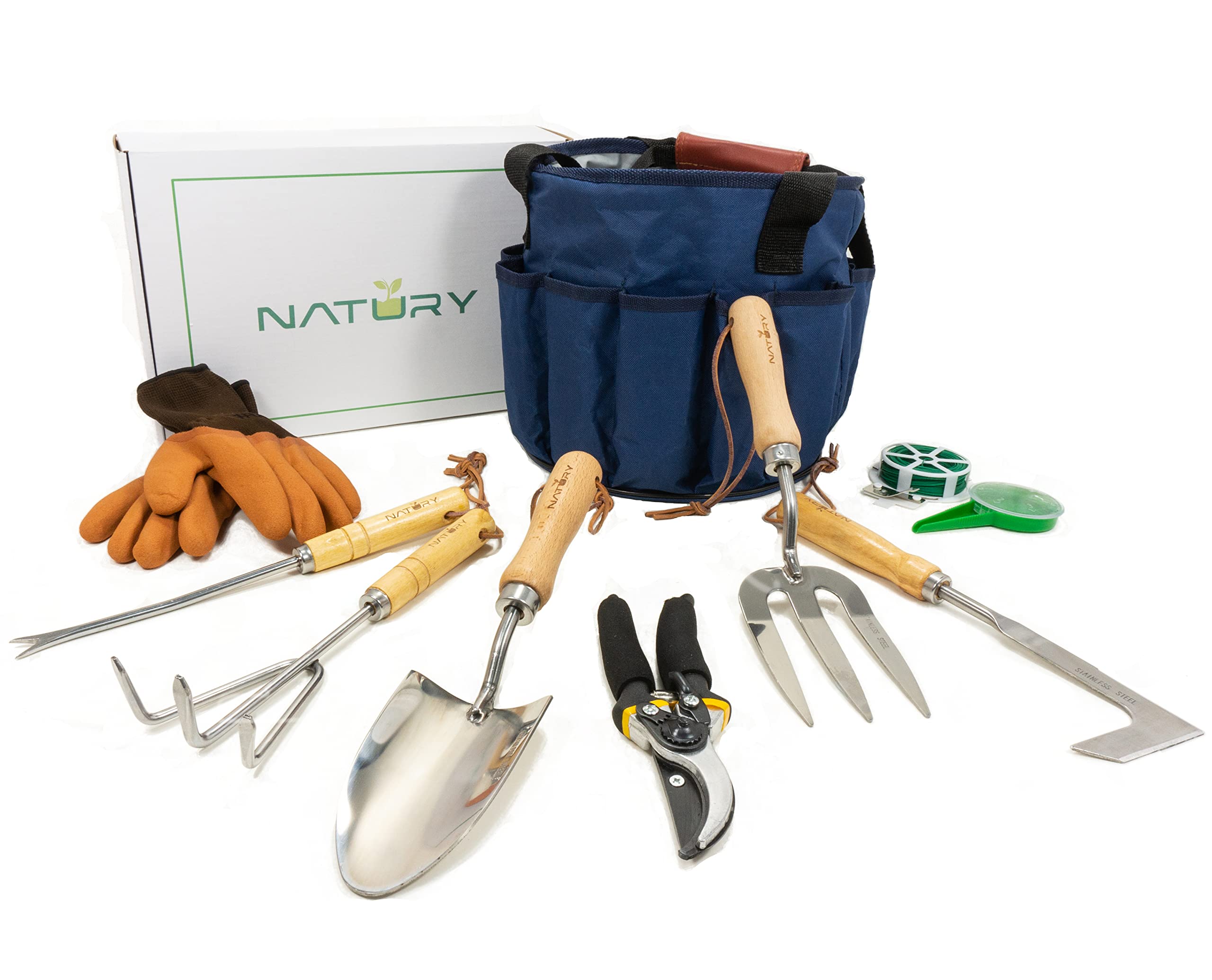 Premium Stainless Steel Garden Tools Set with Solid Beechwood Handle - Complete Gardening Kit Includes Rake, Shovel, Gloves, Shears & Tool Organizer - Ideal for Planting, Weeding & Landscaping - Perfect Gardening Gift for Women & Men