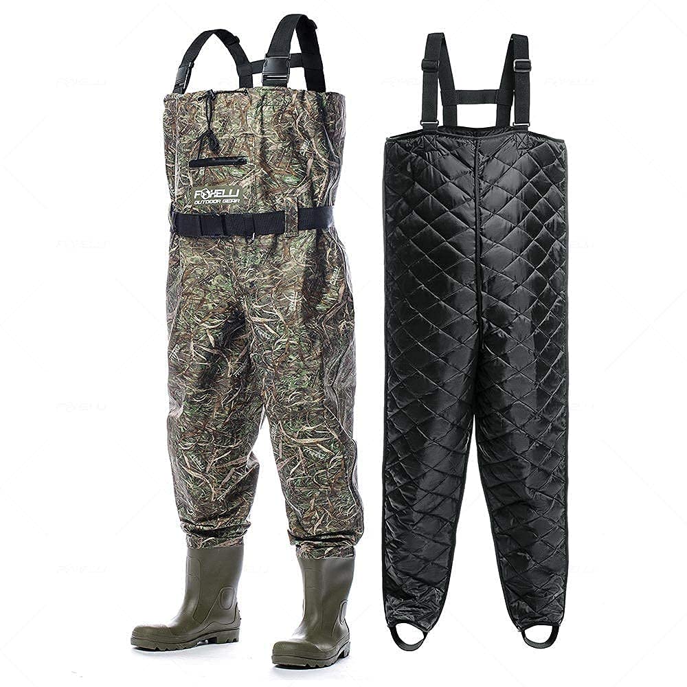 Foxelli Camo Nylon Fishing Waders with Boots & Insulated Liner Bundle - Waterproof Chest Waders for Men (US 11, XL) - Perfect for Fly Fishing, Duck Hunting & Outdoor Adventures