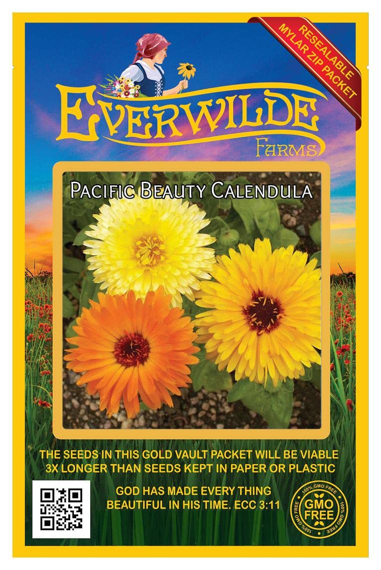 500 Pacific Beauty Mix Calendula Wildflower Seeds - Premium Gold Vault Jumbo Seed Packet for Home Garden, Landscaping & Pollinator-Friendly Planting