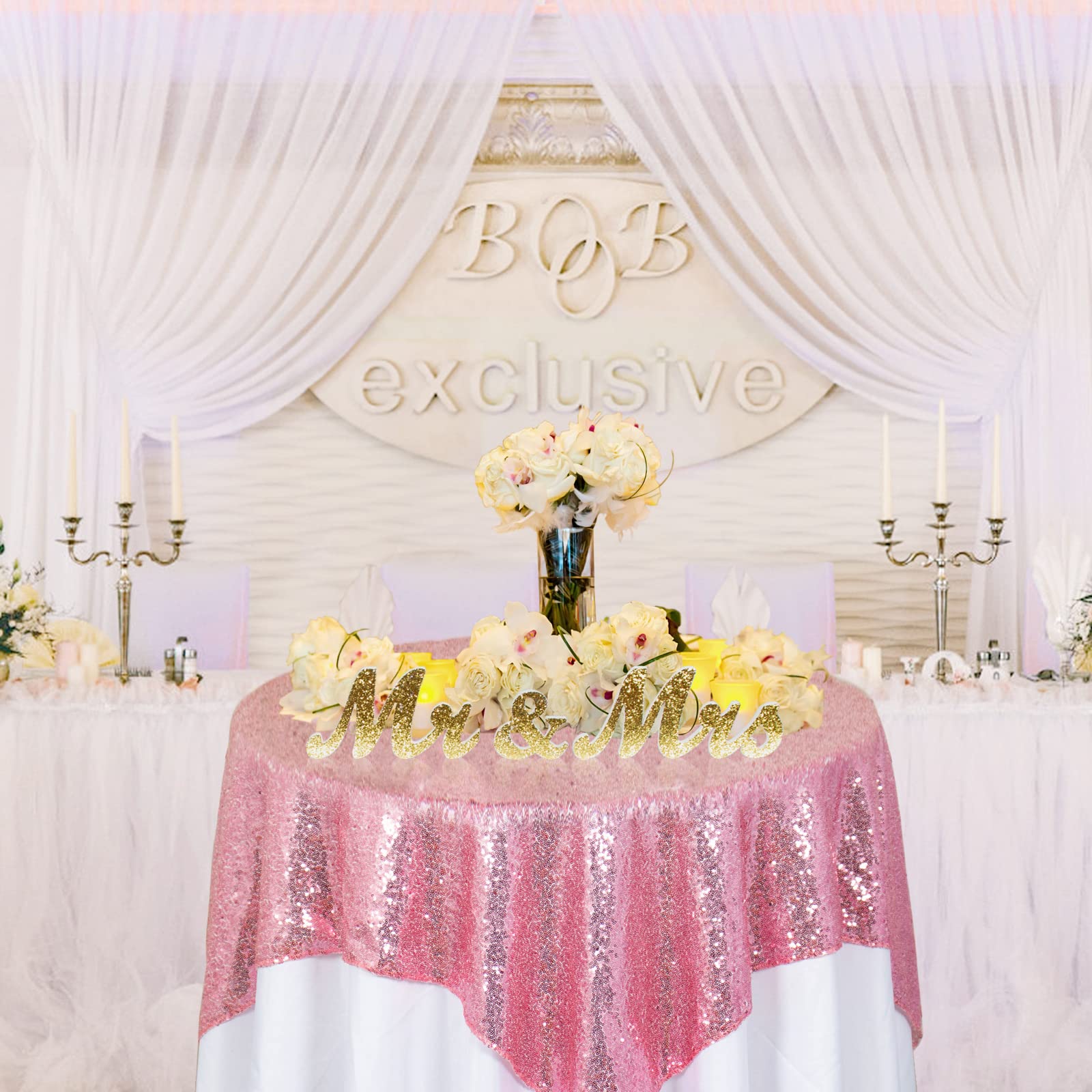 DUOBAO 50x50 Inch Sequin Tablecloth Square - Pink Gold Shimmer Wedding Table Cover, Linen Table Cloth Overlay for Birthday Party, Anniversary, Bridal Shower Decorations | Elegant Dining & Event Table Setting