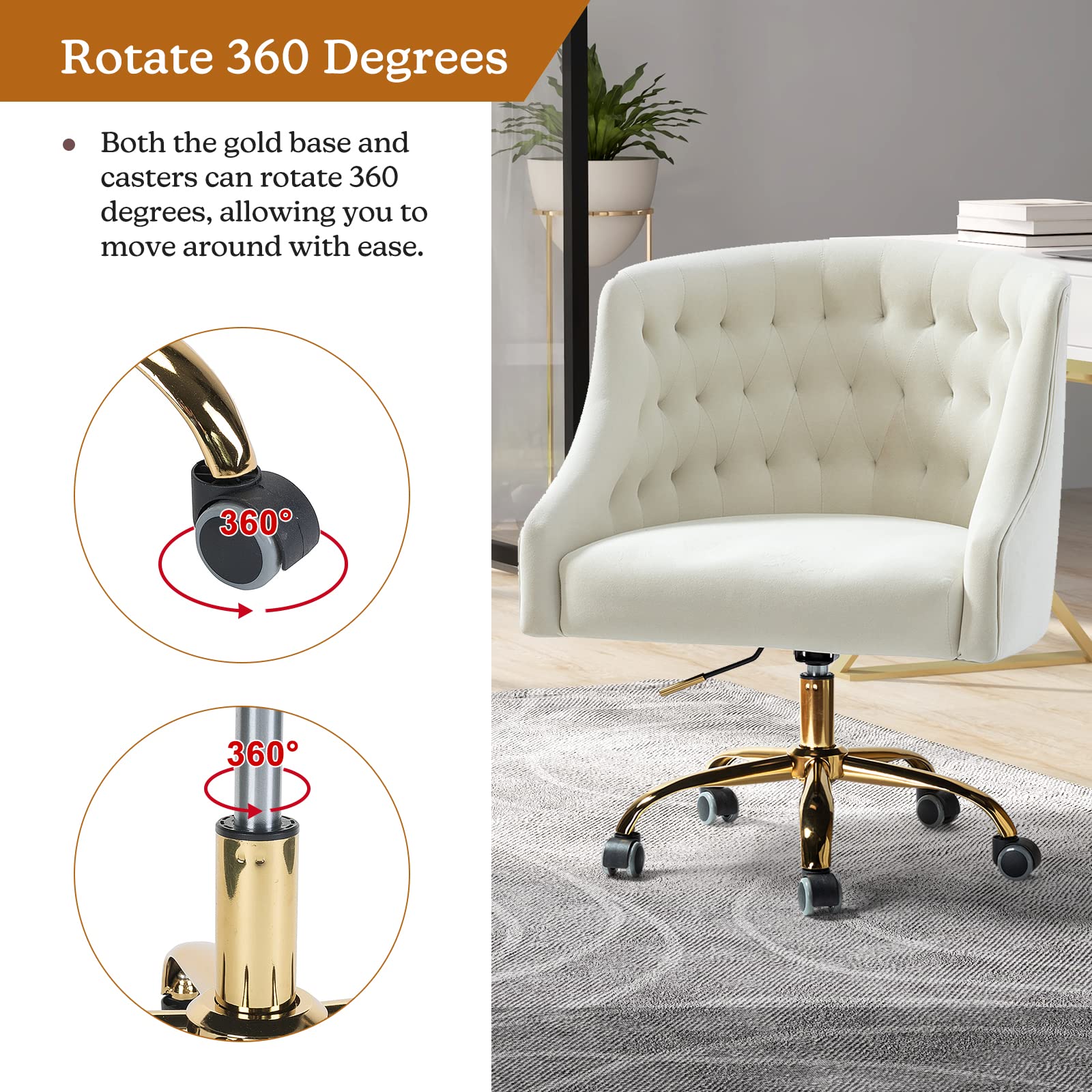 Velvet Home Office Chair with Gold Base - Modern Adjustable Swivel Task Chair for Living Room, Bedroom & Study - Comfortable Desk Chair for Work & Vanity - Ivory | Perfect for Remote Work, Gaming & Makeup Stations