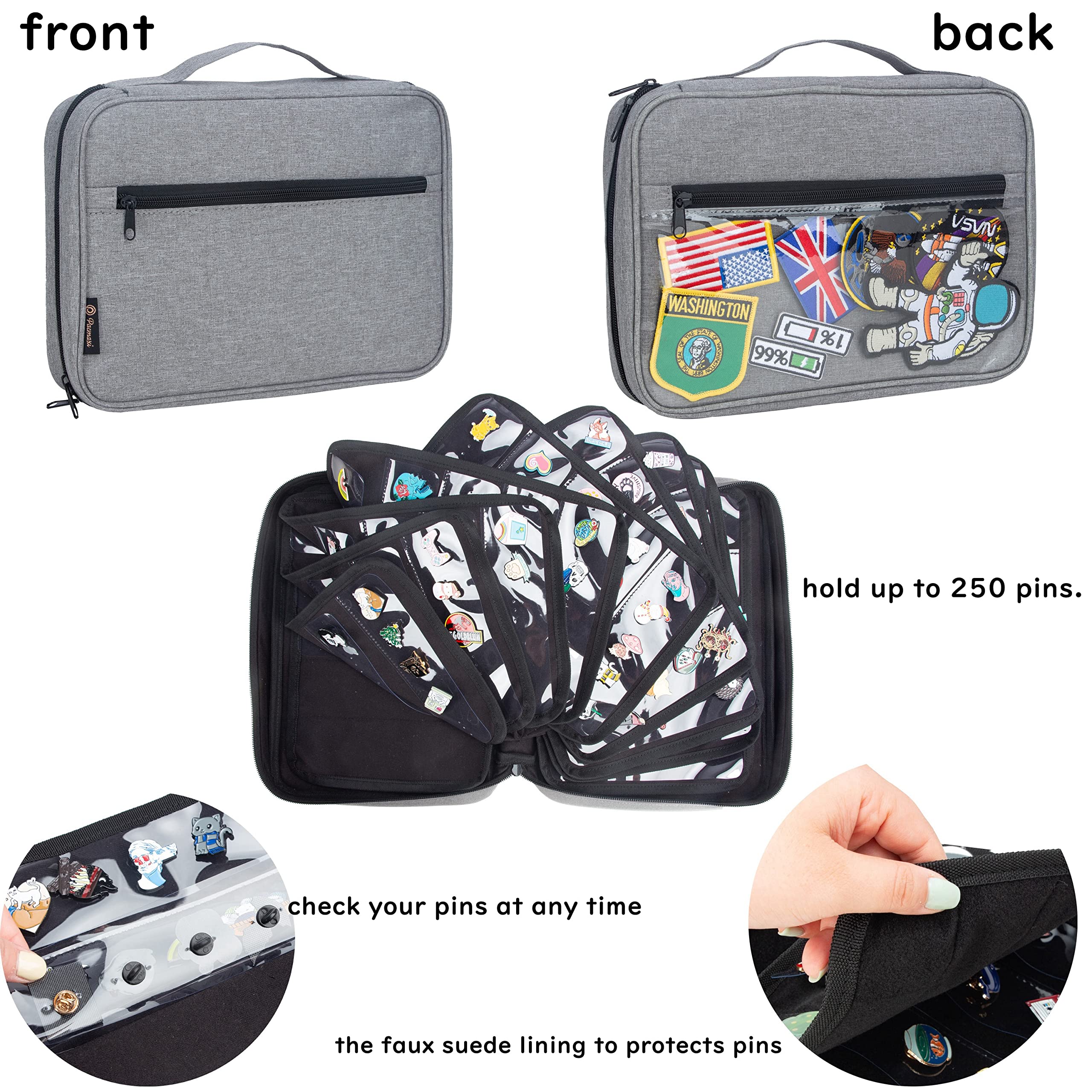 Premium Large Travel Brooch Pin Organizer Case - Holds 250 Enamel Pins, Lapel Pins with 10 Display Pages & 2 Zipper Pockets - Portable Pin Storage Solution for Collectors (Grey) | Perfect for Travel, Trade Shows & Pin Collection Display