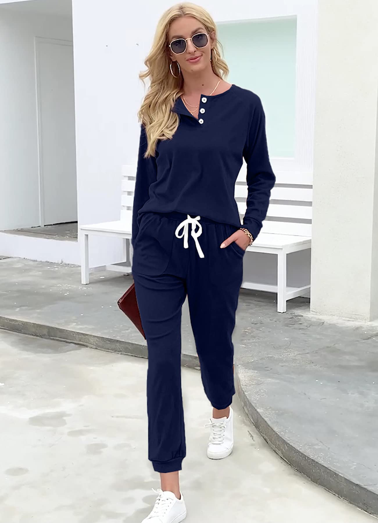 WIHOLL Women's Two Piece Lounge Set - Button Down Sweatshirt & Sweatpants Outfit with Pockets | Comfortable Casual Wear for Home, Workout & Running Errands