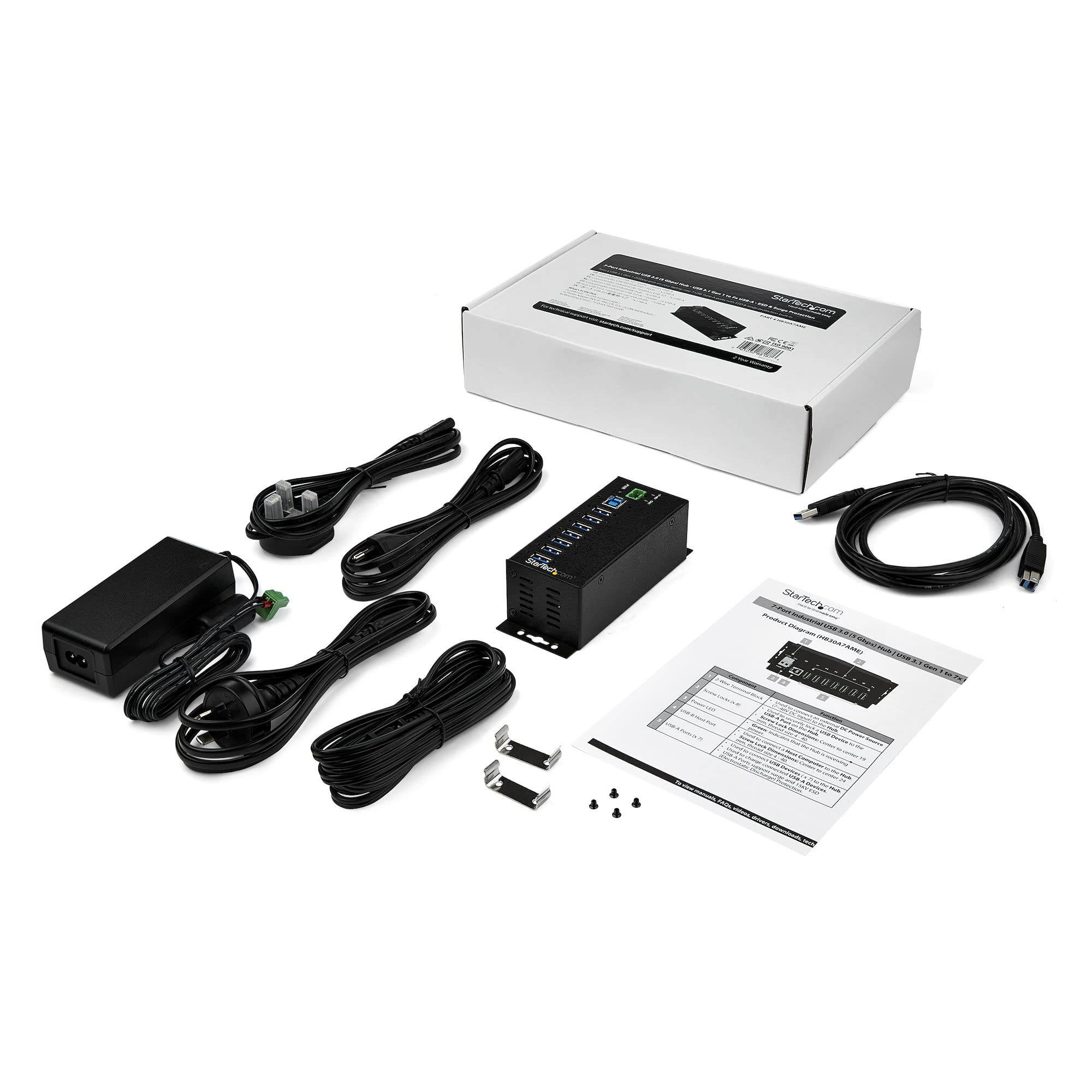 StarTech.com 7-Port USB 3.0 Hub with Power Adapter - High Speed 5Gbps USB Hub with Surge Protection - Industrial Metal Design for Office, Gaming & Home Use - Wall/Din/Desk Mountable (HB30A7AME)