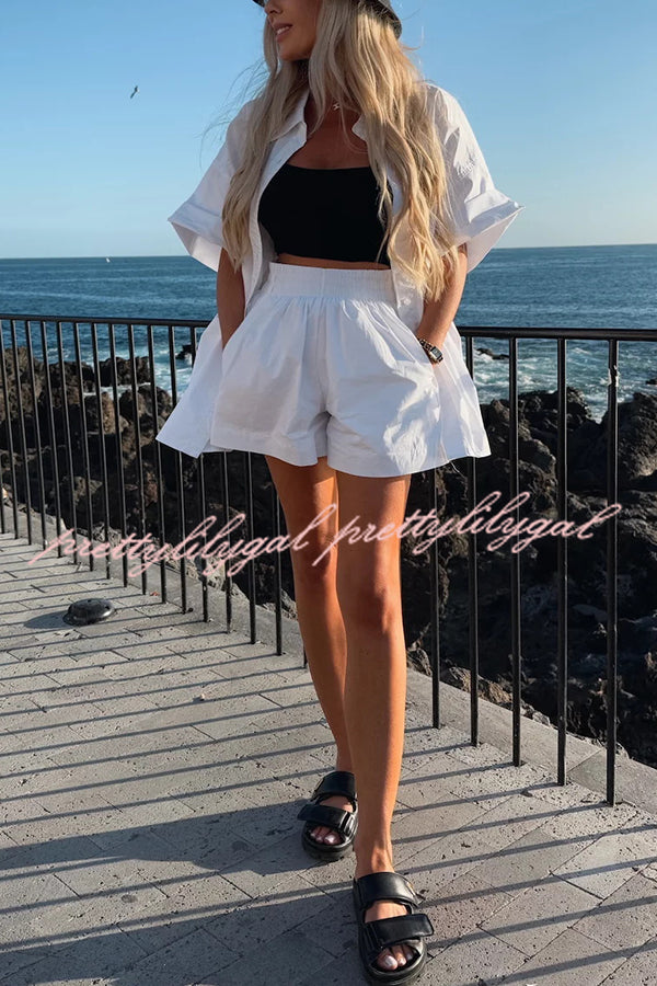 Women's Summer Casual Loose Short Sleeve Shirt & Elastic High Waist Shorts Set - Comfortable Outfit for Beach Vacation, Streetwear and Daily Wear