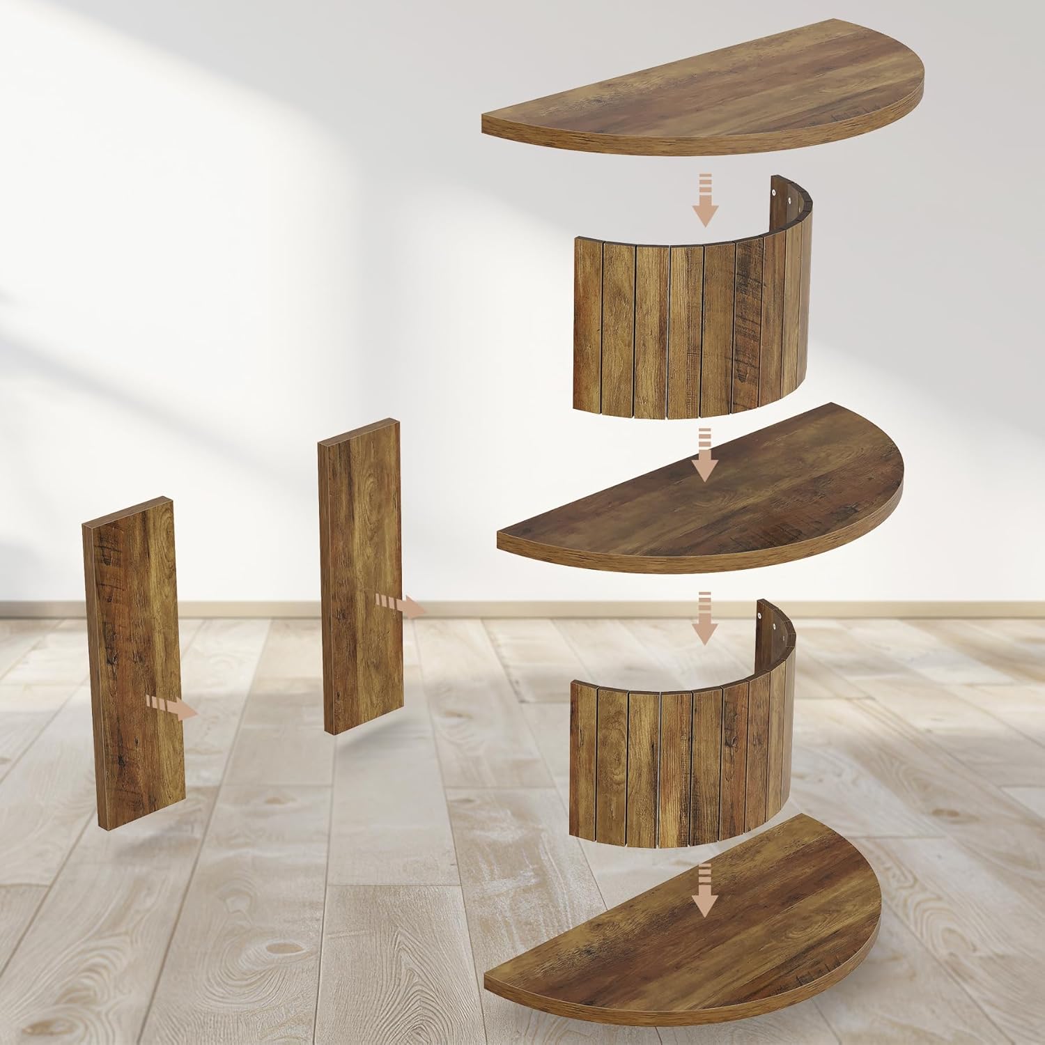 3 Tier End Table with Storage Shelves - Half Round Wooden Side Table for Living Room, Bedroom & Office - Compact Space-Saving Furniture with Stylish Design