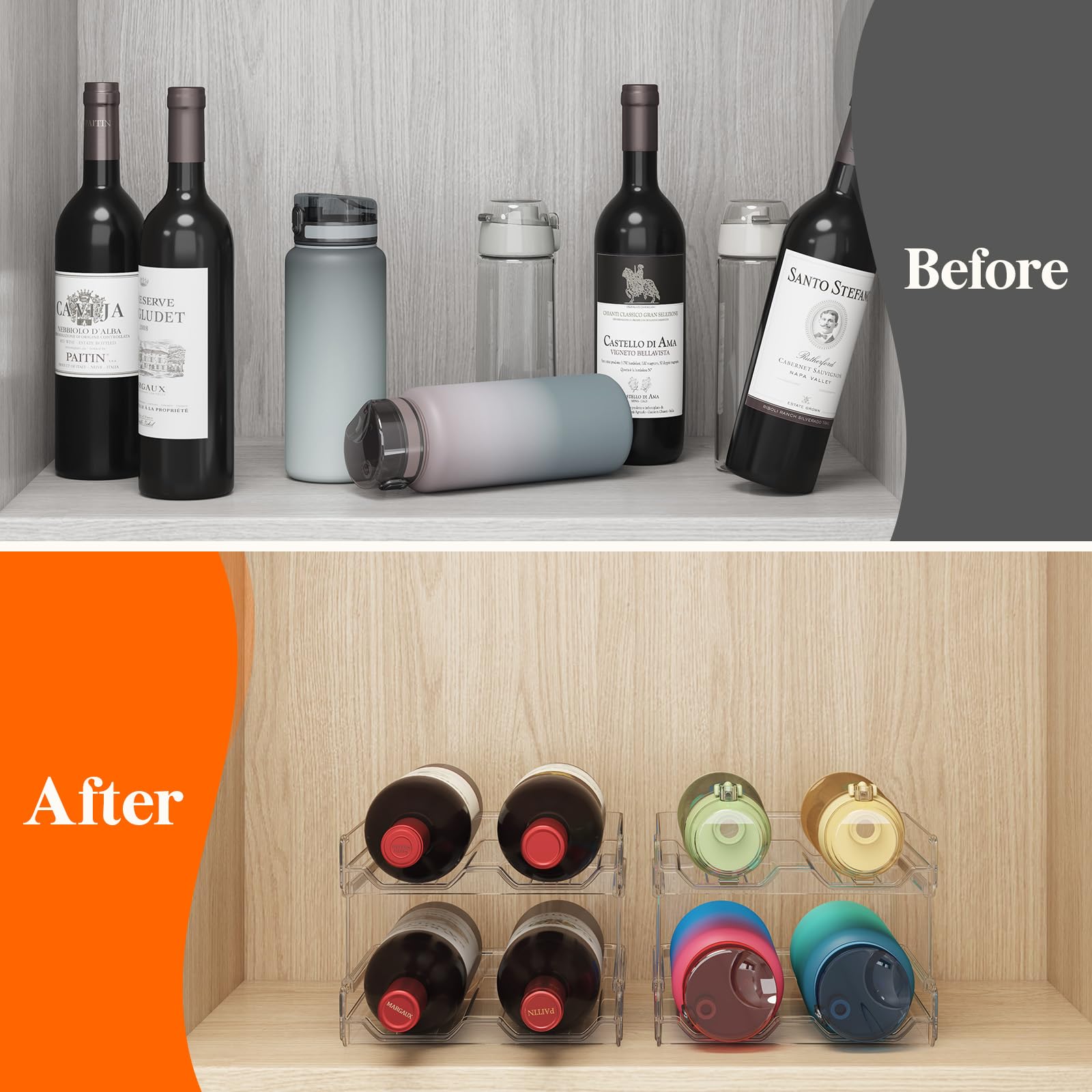 Stackable Plastic Wine Rack for Refrigerator - 8 Bottle Organizer for Cabinet, Countertop, Pantry | Space-Saving Wine & Water Bottle Holder for Kitchen, Home Bar, Party Storage