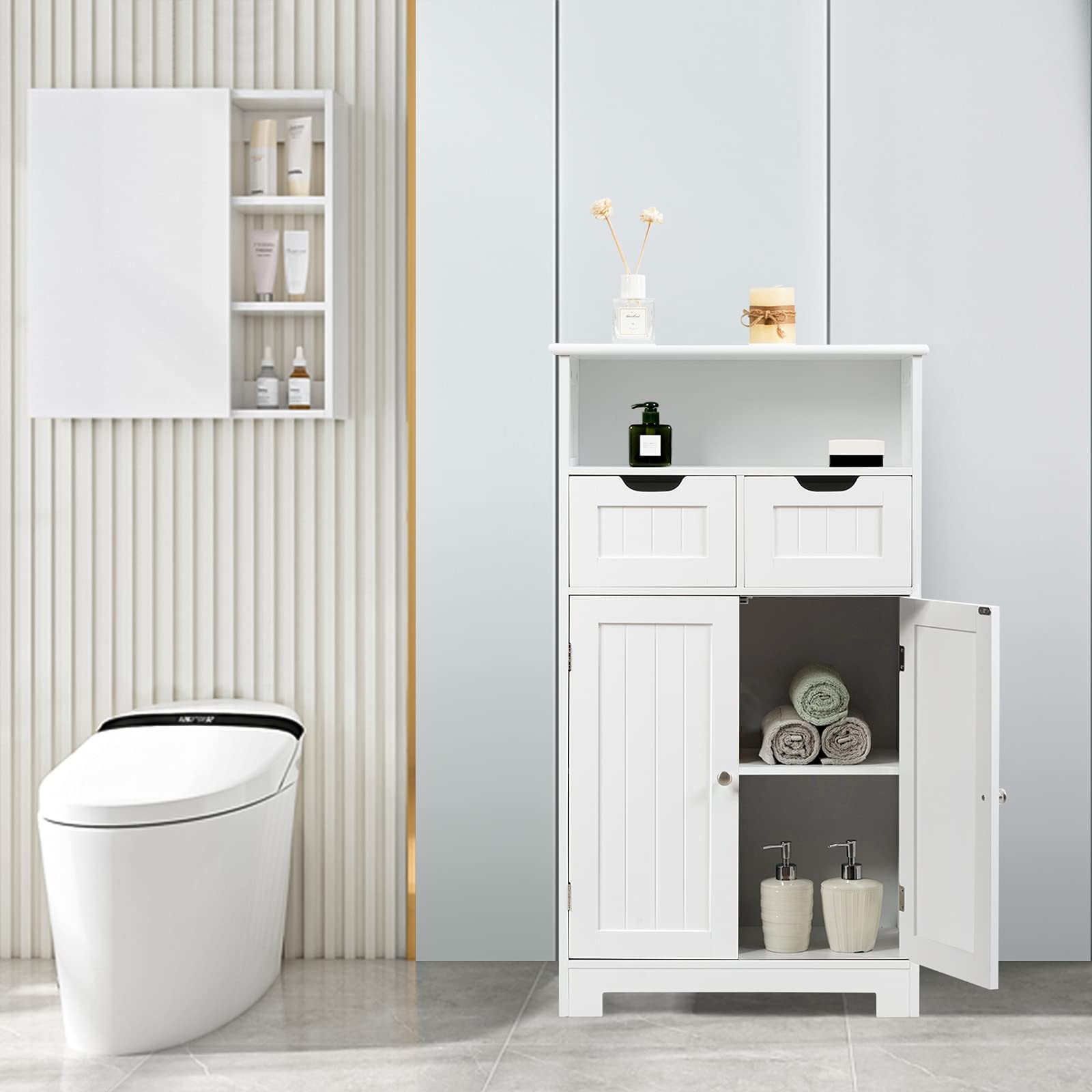 Rainfally Bathroom Storage Cabinet with Open Shelf, 2 Doors & Adjustable Drawers - White Standing Cupboard for Kitchen, Bathroom, Bedroom & Office - Perfect for Organizing Towels, Toiletries & Cleaning Supplies