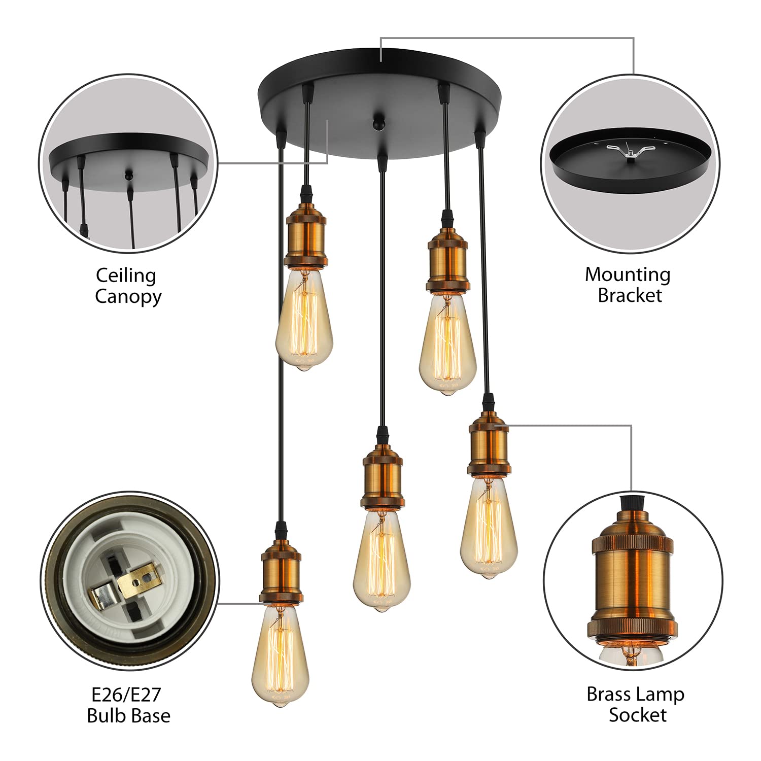 Vintage Industrial Adjustable 5-Light Edison Bulb Pendant Lamp - 20