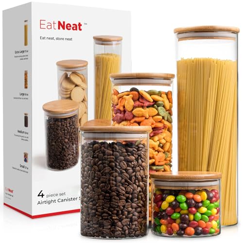 4 Modern Glass Canisters w/ Bamboo Lids