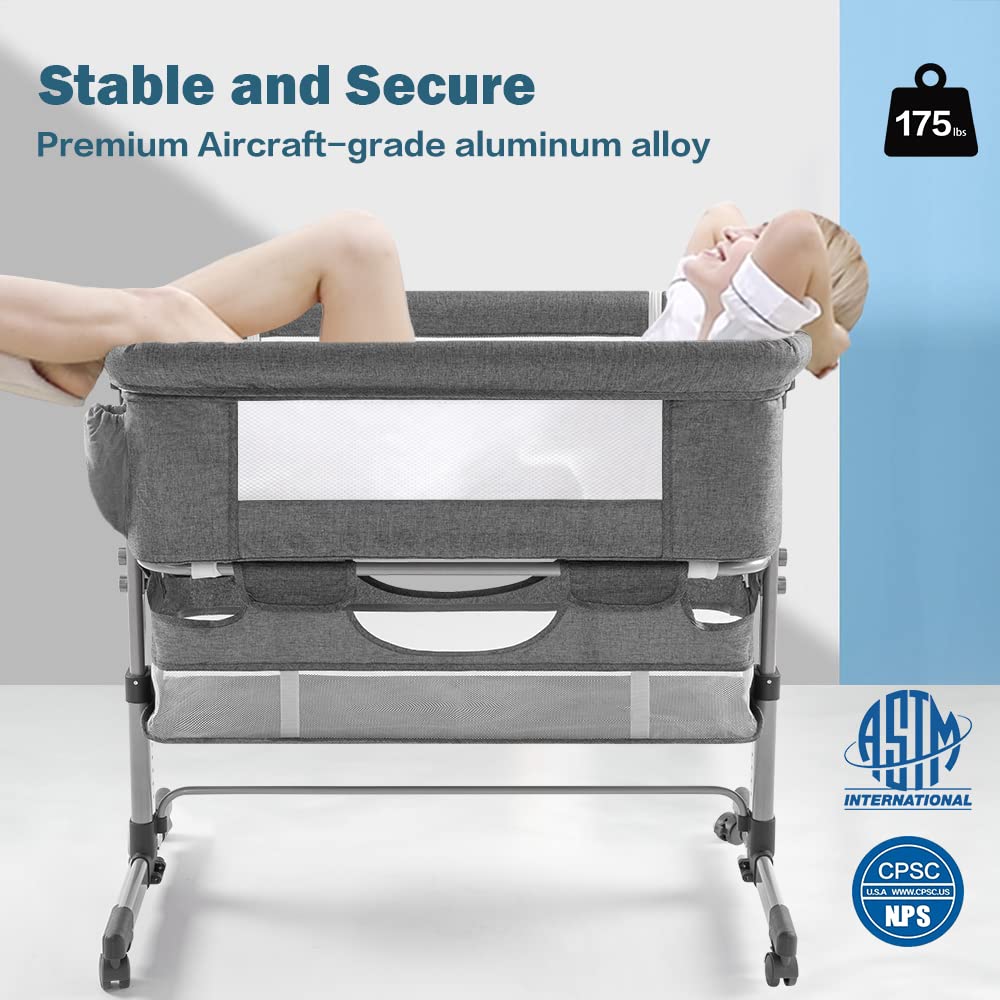 Ihoming Portable Baby Bassinet Bedside Sleeper with Storage Basket - Adjustable Folding Crib for Newborns & Infants - Deep Gray - Perfect for Nursery, Bedroom & Travel