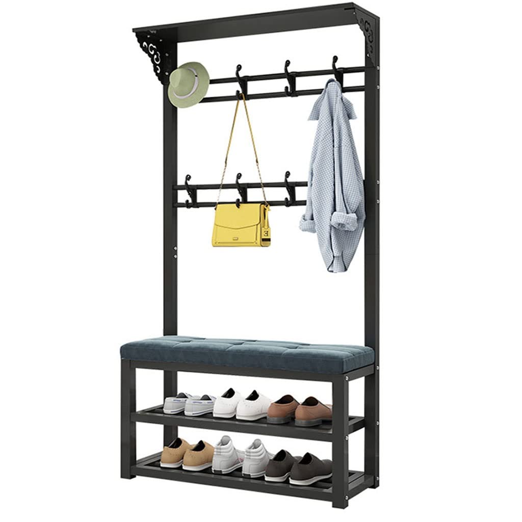 3-in-1 Entryway Hall Tree Bench with 2-Tier Shoe Storage, Seat Cushion & Coat Hooks - Space Saving Shoe Rack Organizer for Bedroom, Living Room, Hallway - Perfect for Small Apartments & Mudroom Organization