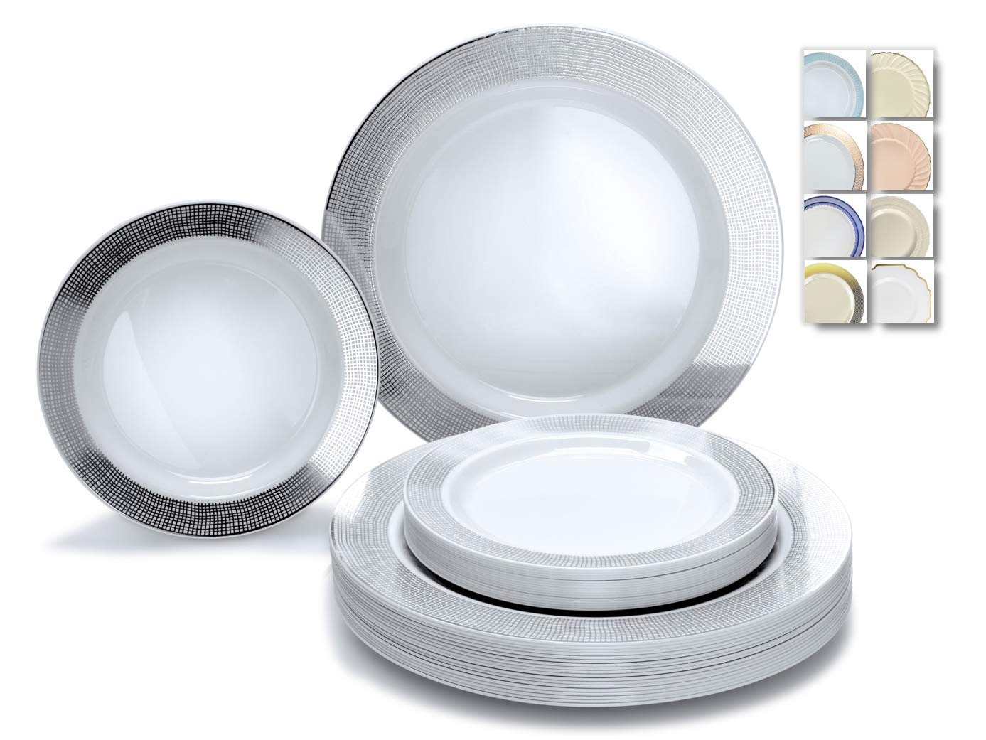 240-Pack Premium Disposable Plastic Plates for Weddings & Parties - 120 x 10.5'' Dinner Plates + 120 x 7.5'' Salad/Dessert Plates in Elegant Linen White & Silver - Heavyweight, Durable for 120 Guests - Perfect for Wedding Receptions, Bridal Showers, Birthday Parties & Catering Events