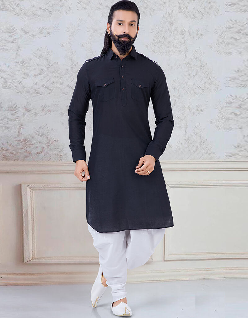Premium Black Cotton Peshawari Kurta for Men - Traditional Pakistani Embroidered Long Shirt - Perfect for Eid, Weddings & Cultural Events