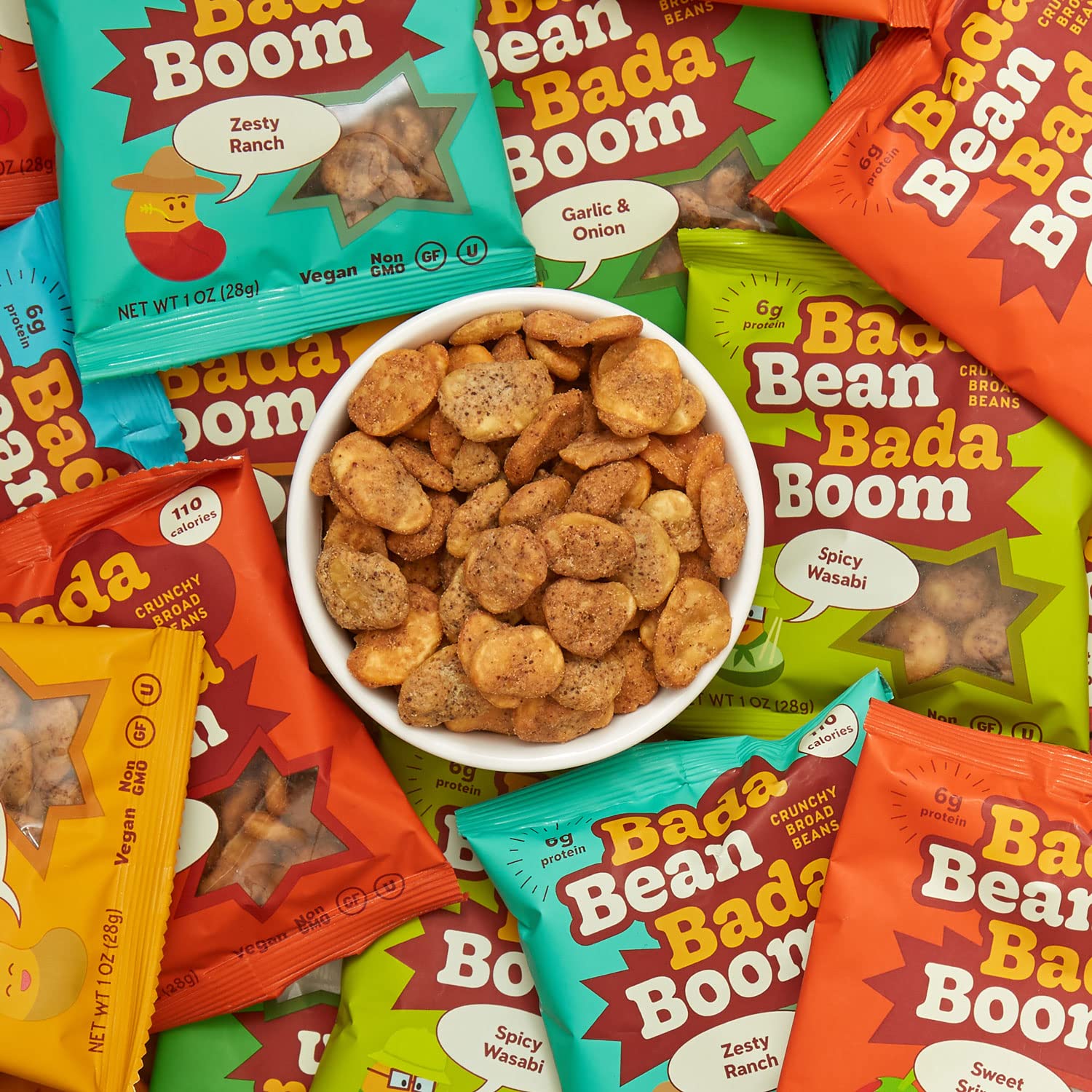 Bada Bean Bada Boom Crunchy Roasted Broad Bean Snacks - High Protein Vegan Gluten-Free Fava Beans, 110 Calorie Packs, Buffalo Wing Flavor, 4.5oz (Pack of 6) - Perfect Healthy Snack for Office, Travel & Keto Diet