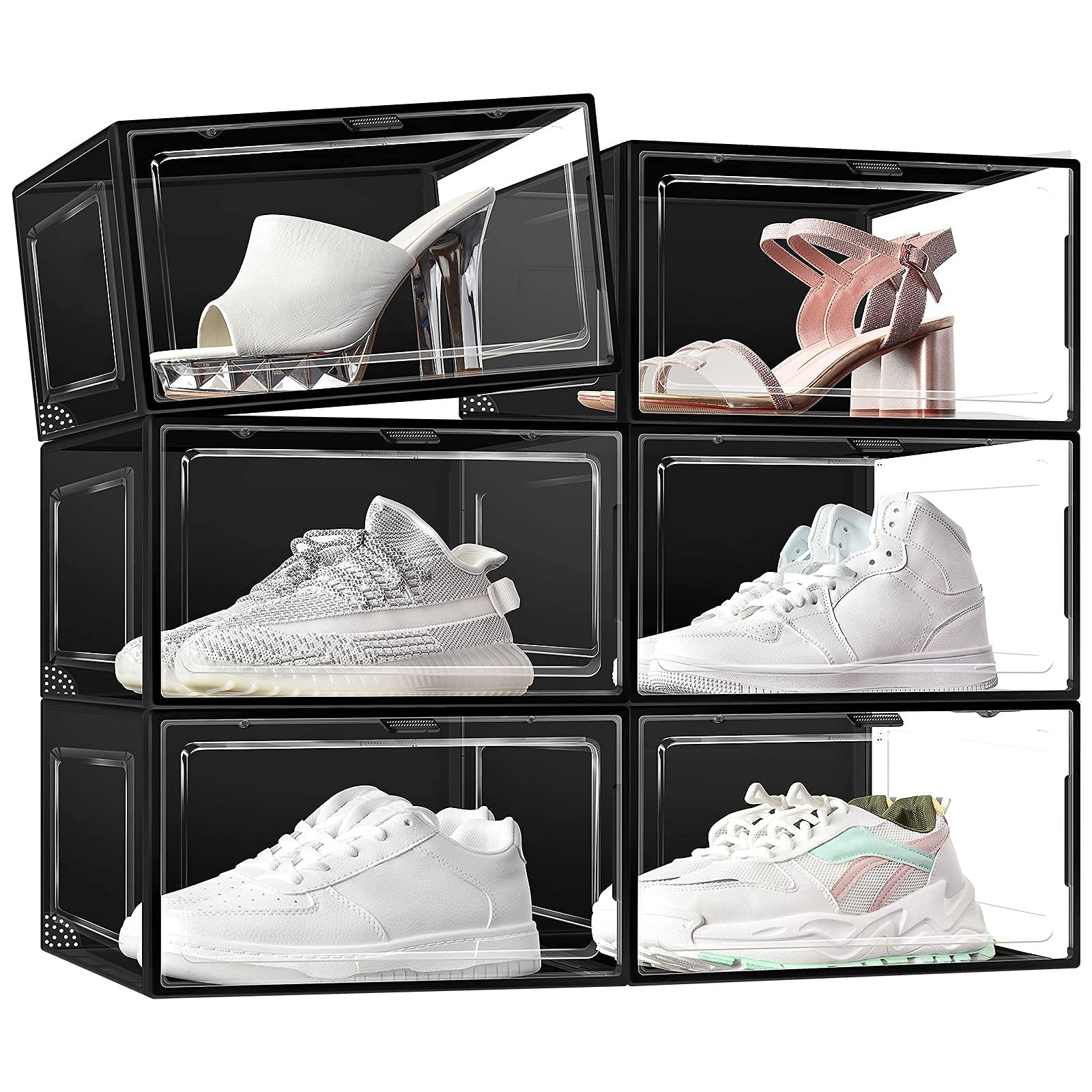 Mupera X-Large Clear Front Opening Shoe Storage Box - Stackable Plastic Shoe Organizer for Sneakers Display (6 Pack Black) | Perfect for Closet Organization, Sneaker Collection & Shoe Storage Solutions