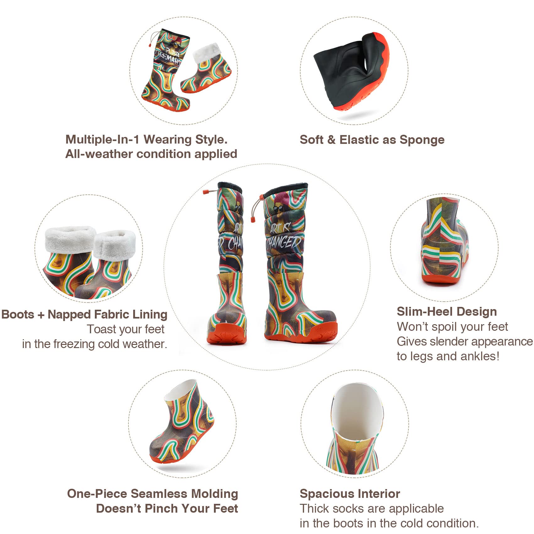 UIN Women's Winter Fashion Snow Boots - Waterproof Knee High Boots with Artistic Color Painting, Comfortable Casual Walking Shoes for Snowy Days, Outdoor Activities and Winter Travel