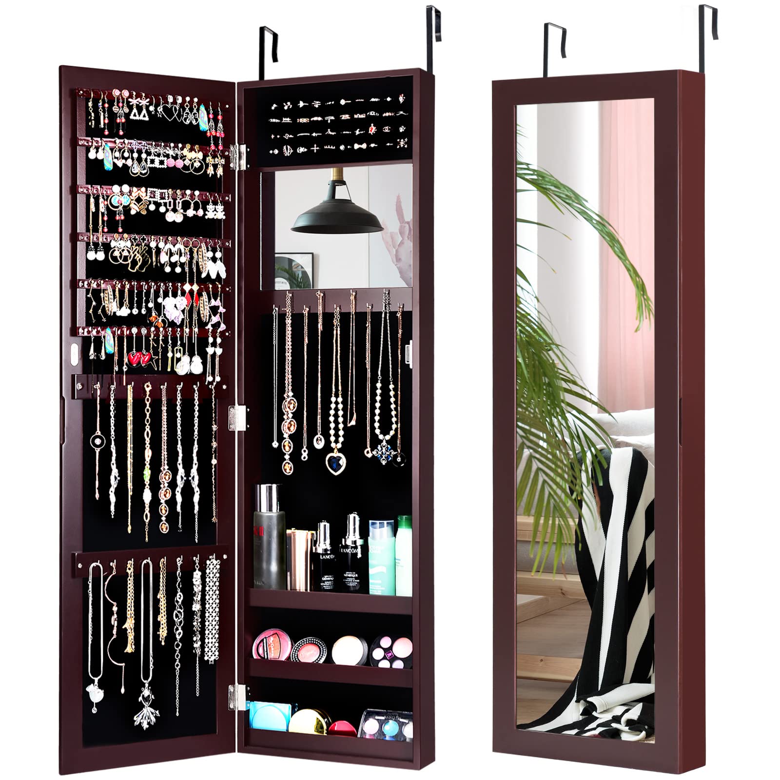 COSTWAY Full Length Mirror Jewelry Cabinet with Makeup Mirror - Wall Mounted Jewelry Organizer with Ring Slots & Necklace Hooks - Large Storage Armoire for Bedroom & Dressing Room (Brown) - Perfect for Vanity, Closet Organization & Home Decor