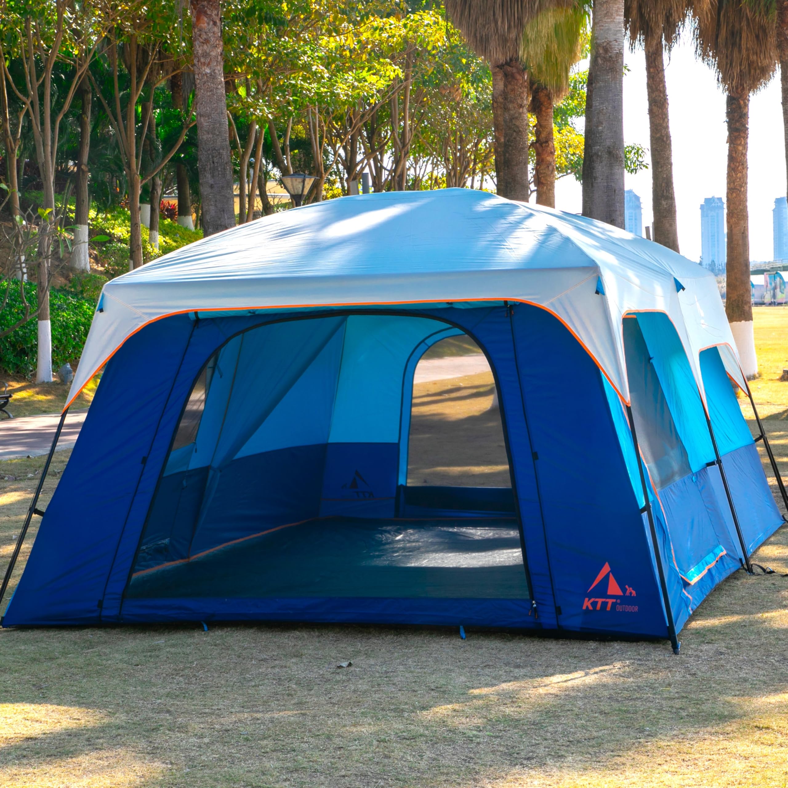 KTT Extra Large Family Cabin Tent for 10-12-14 People - 2 Rooms, 3 Doors & 3 Windows with Mesh, Straight Wall Design, Waterproof Double Layer - Perfect for Camping, Picnics, Outdoor Adventures & Family Gatherings
