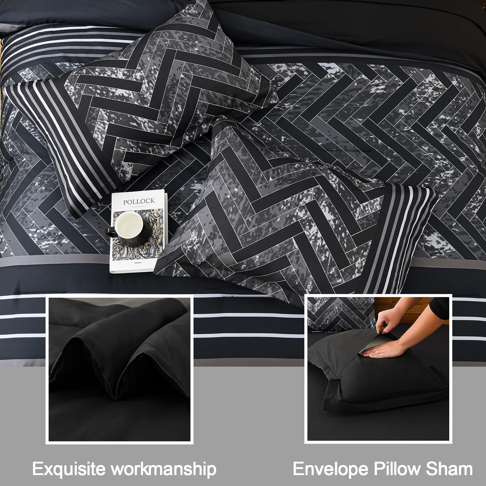 Luxudecor Black Queen Size 7-Piece Comforter Set - Geometric Stripe Bed in a Bag with Soft Microfiber Sheets | All-Season Complete Bedding Set for Cozy Bedroom Decor & Guest Room Essentials