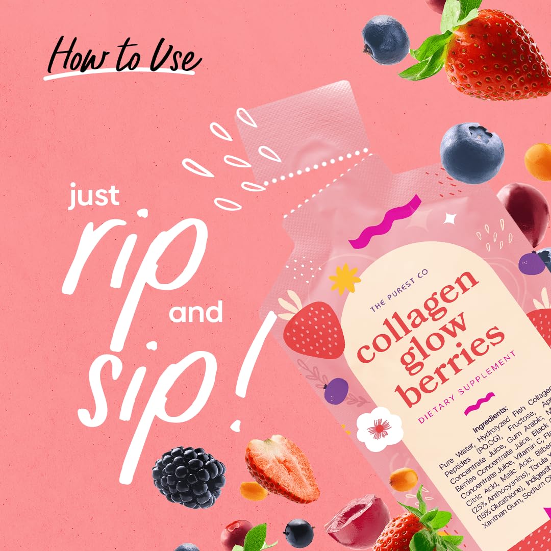 THE PUREST CO Collagen Glow Berries x 30 SACHETS - 1 Month Supply Collagen Drink for Skin Hydration & Anti-Aging | Daily Beauty Supplement for Glowing Skin | Perfect for Morning Routine & Post-Workout Recovery