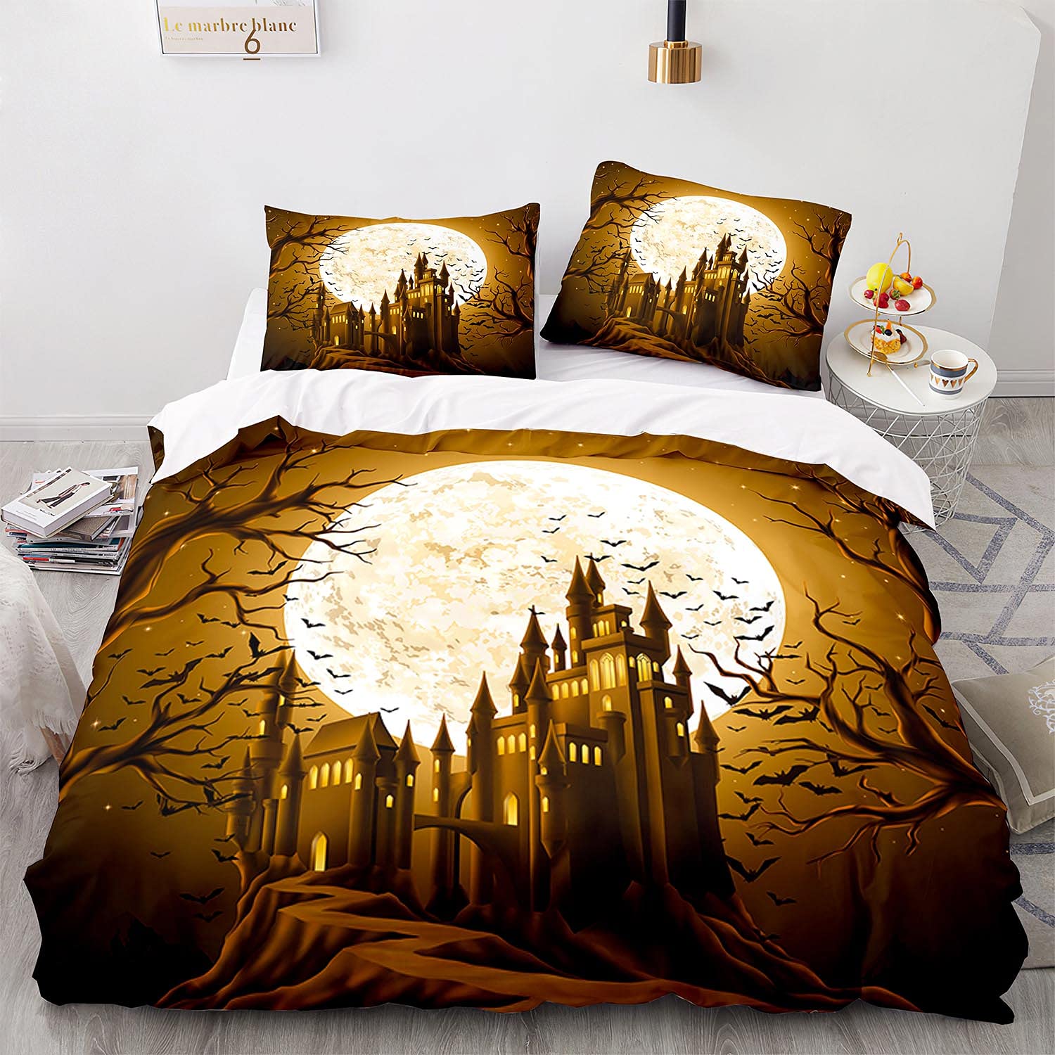 3D Halloween Bedding Set - Spooky Castle & Woods Duvet Cover with Moon & Bats Design, Black & Orange King Size for Kids, Boys & Girls (1 Duvet Cover + 2 Pillowcases) - Perfect for Themed Bedrooms & Spooky Sleepovers